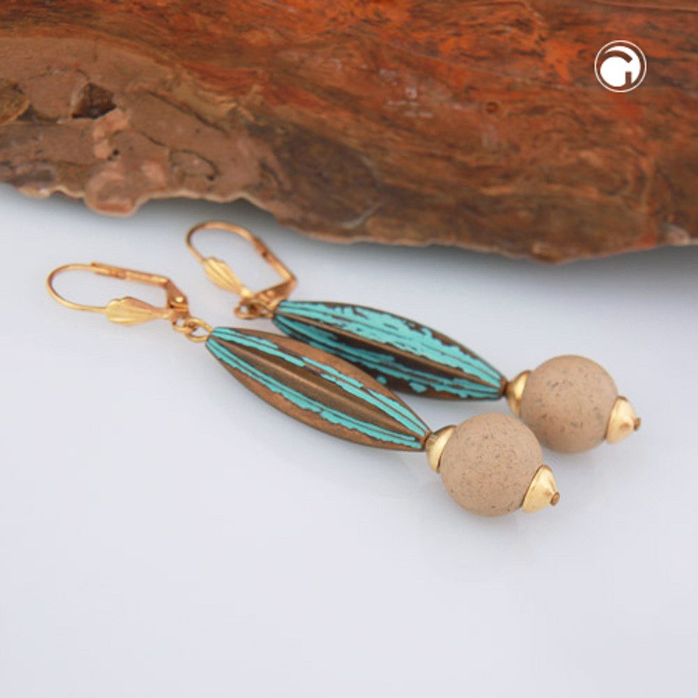 unbespielt Paar Ohrhänger Ohrringe Rillenolive patina grün mit Perle Kunststoff 66 x 12 mm, Modeschmuck für Damen