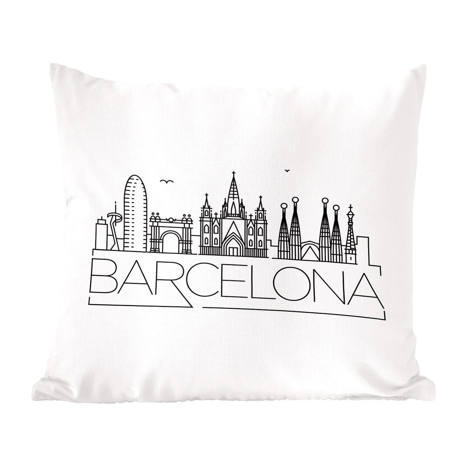 MuchoWow Dekokissen Skyline "Barcelona" weiß, Zierkissen mit Füllung für Wohzimmer, Schlafzimmer, Deko, Sofakissen