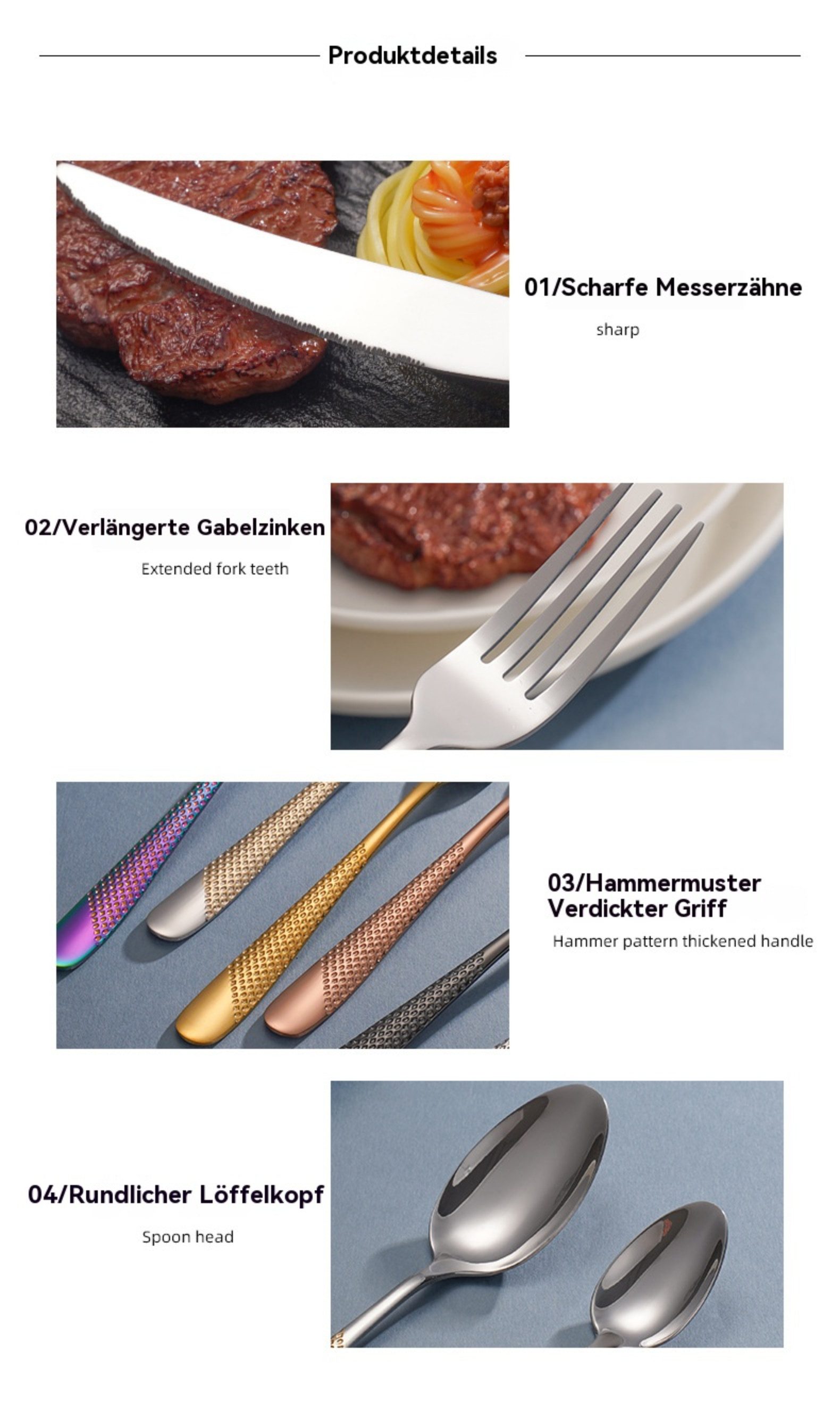 Blusmart Besteck-Set Edelstahl-Besteckset (4-teilig), Edelstahl 410, Geeignet für alle Anlässe, inklusive Messer/Gabeln/Löffel/Teelöffel.