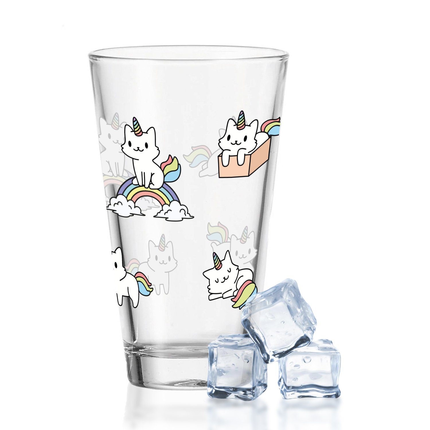 GRAVURZEILE Glas Wasserglas mit UV-Druck - im Magische Katze Design, Glas, Niedliches Einhorn-Katze Motiv mit Regenbogen