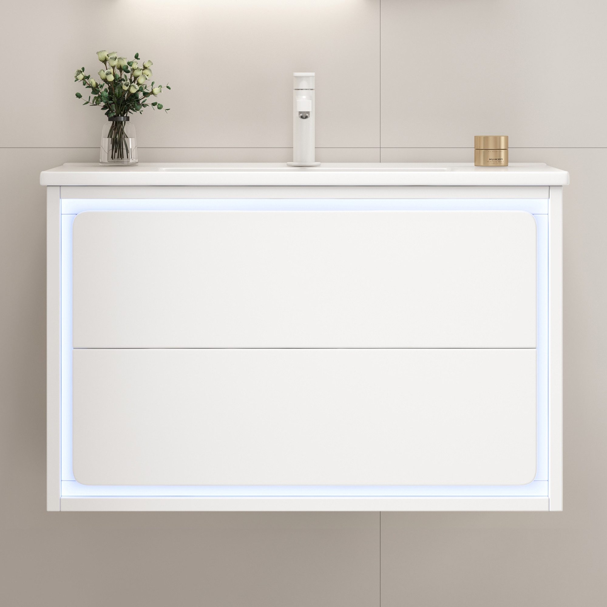 Flieks Waschtisch mit LED-Radarsensor Waschbeckenunterschrank inkl. Waschbecken (B76/T46/H48,5 cm, 1-St., wandhängend, Badschrank mit Led-Beleuchtung Waschplatz Badzimmer), Badezimmerschrank mit 2 Schubladen Badmöbel-Set Volllackierung Weiß