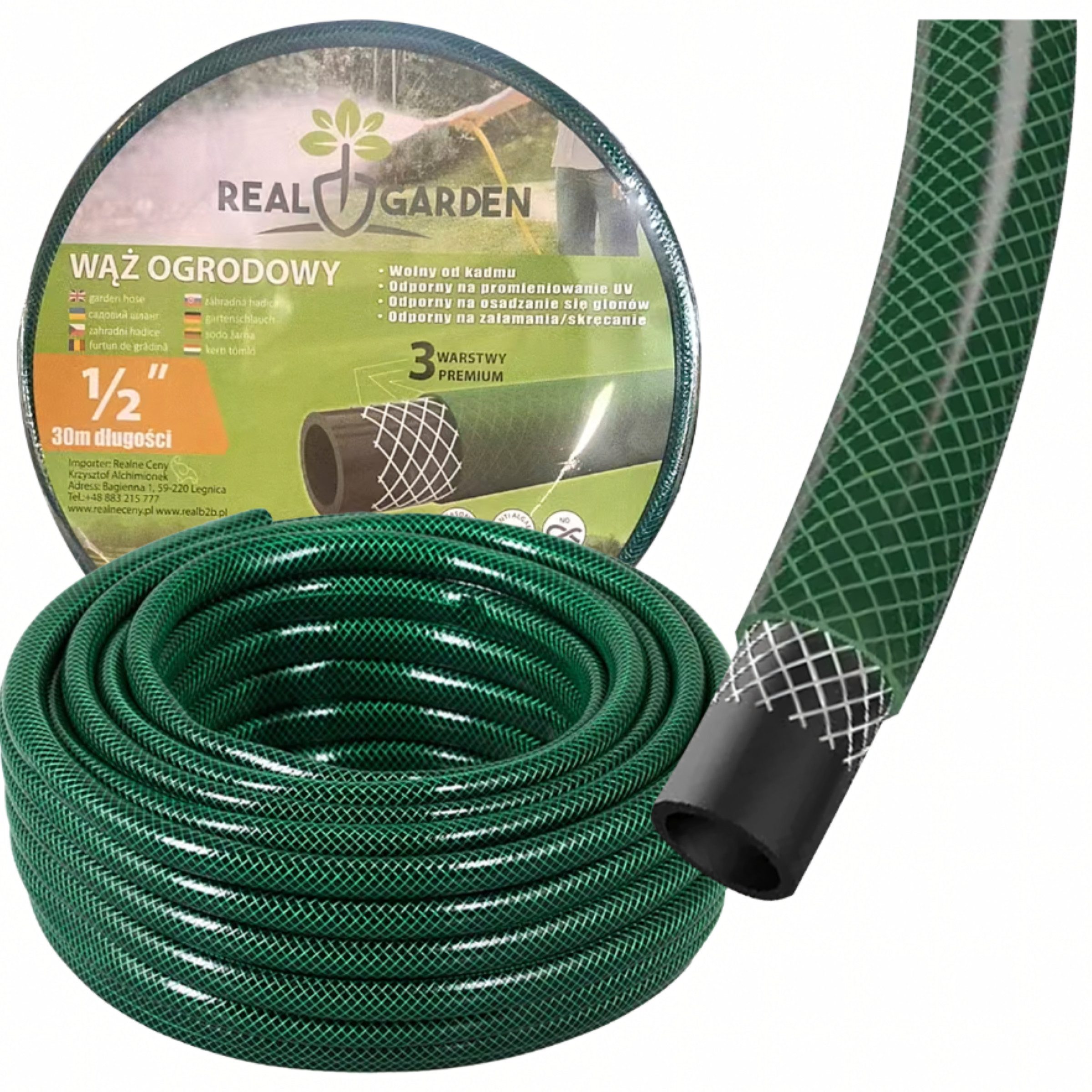 Realb2b Gartenschlauch Gartenschlauch 30m 1/2 Zoll Bewässerungsschlauch Knickschutz Grün, UV-beständig, Algenresistent / Knickarm, (Gartenschlauch Set 3-lagig mit UV-Schutz und Kreuzgewebe-Verstärkung, Wasserschlauch 30 Meter für Gartenbewässerung und Reinigung 1tlg), Knickarmer PVC-Schlauch cadmiumfrei und algenresistent für außen