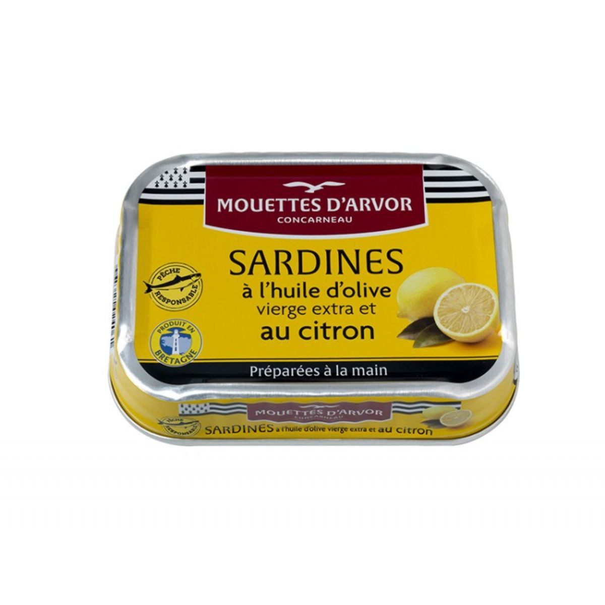 Conserverie Gonidec Fischkonserve Les Mouettes d'Arvor Sardinen mit Zitrone, 115g, Conserverie Gonidec, 115 g, Abtropfgewicht 87g