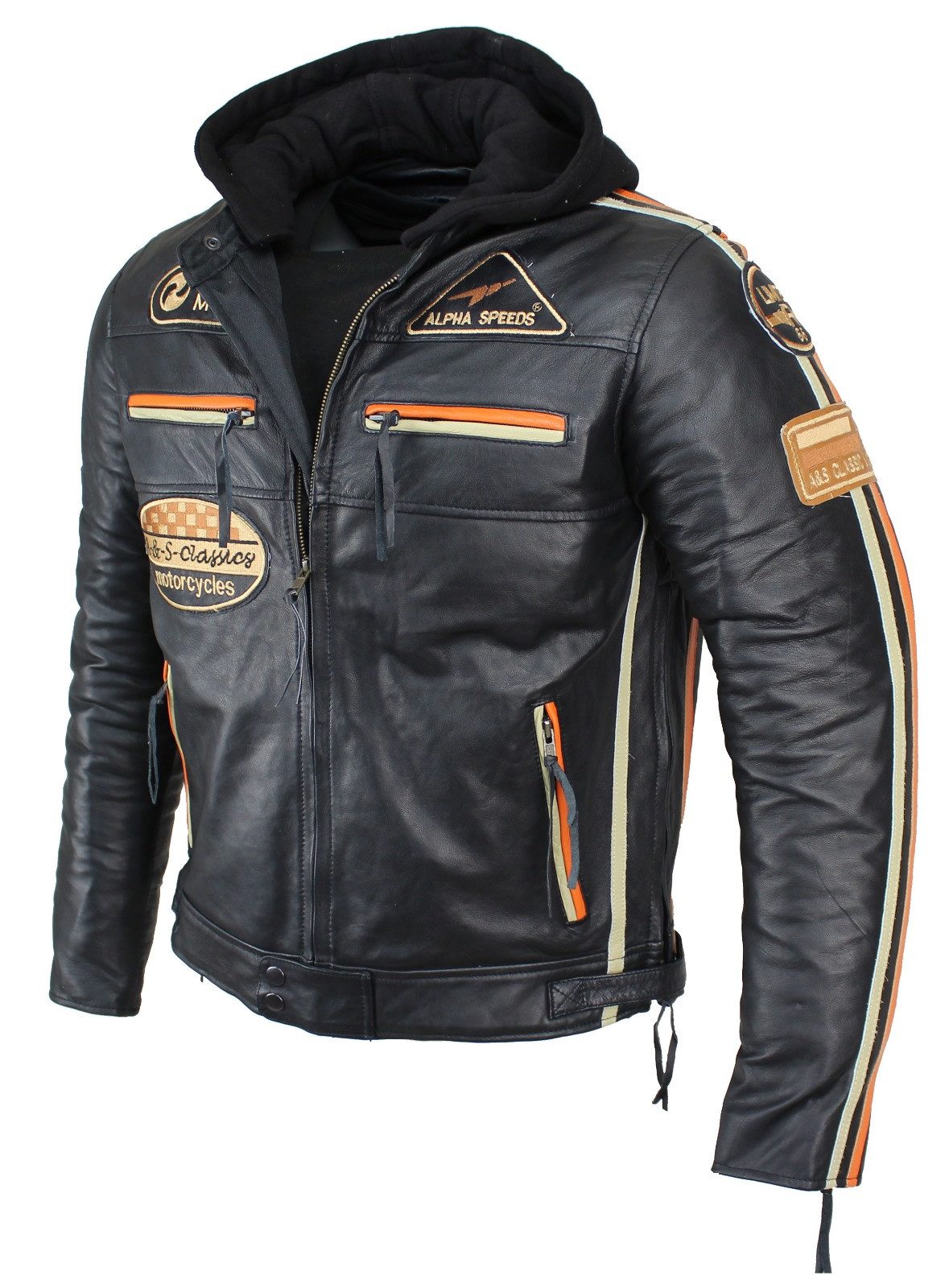 Alpha Speeds Motorradjacke Herren Leder Jacke Biker Freizeit Highway Jacke Orange/Beige Streifen (Trennbare Innenjacke + Kapuze) aus weichem Lammleder, mit herausnehmbare Protektoren