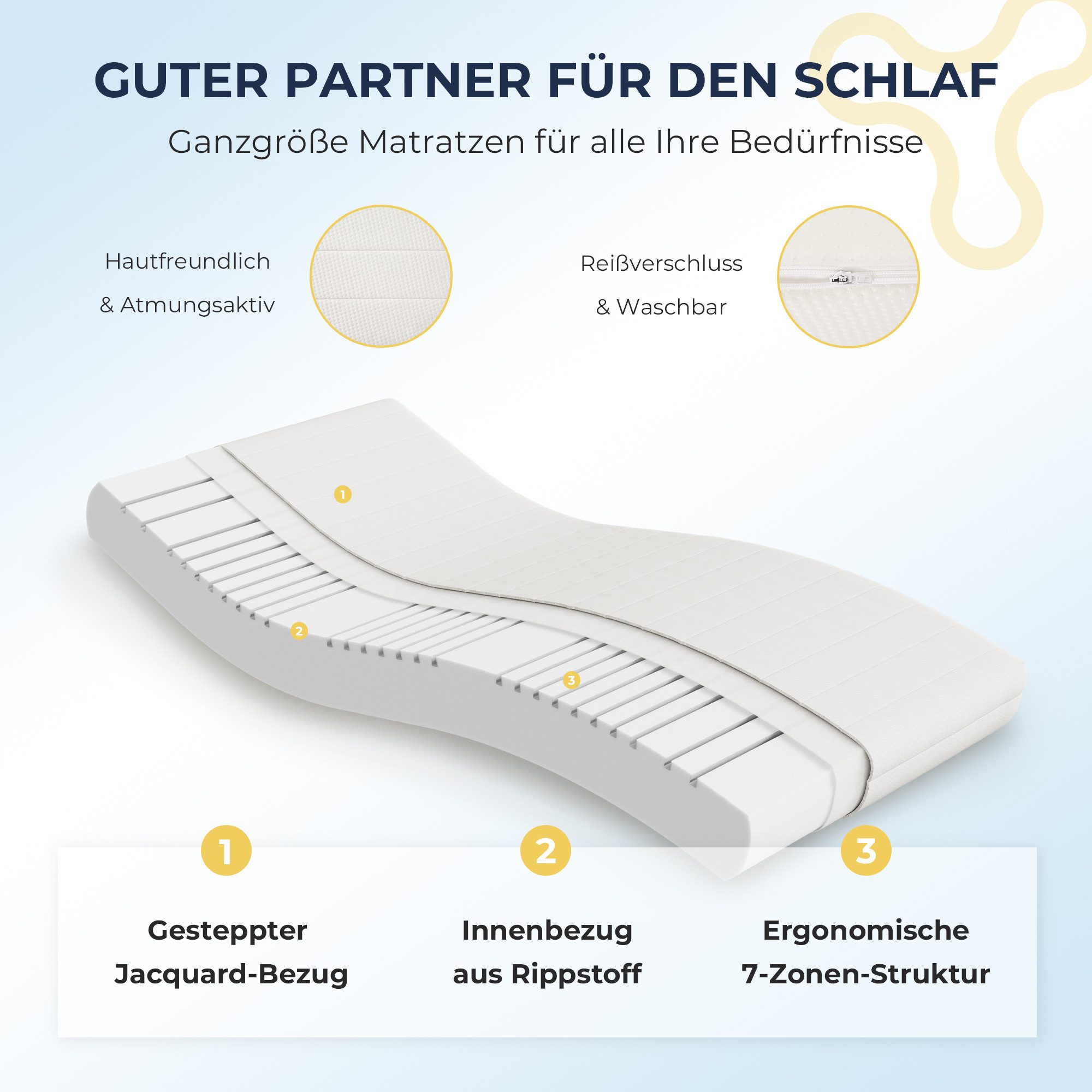 Kaltschaummatratze 7-Zonen Rollmatratze mit waschbarem Bezug, 12 / 16 / 18 / 22 cm Höhe, Napsie, H3, Ergonomische Allround-Matratze für komfortablen Schlaf im A – Bild 5 von 5