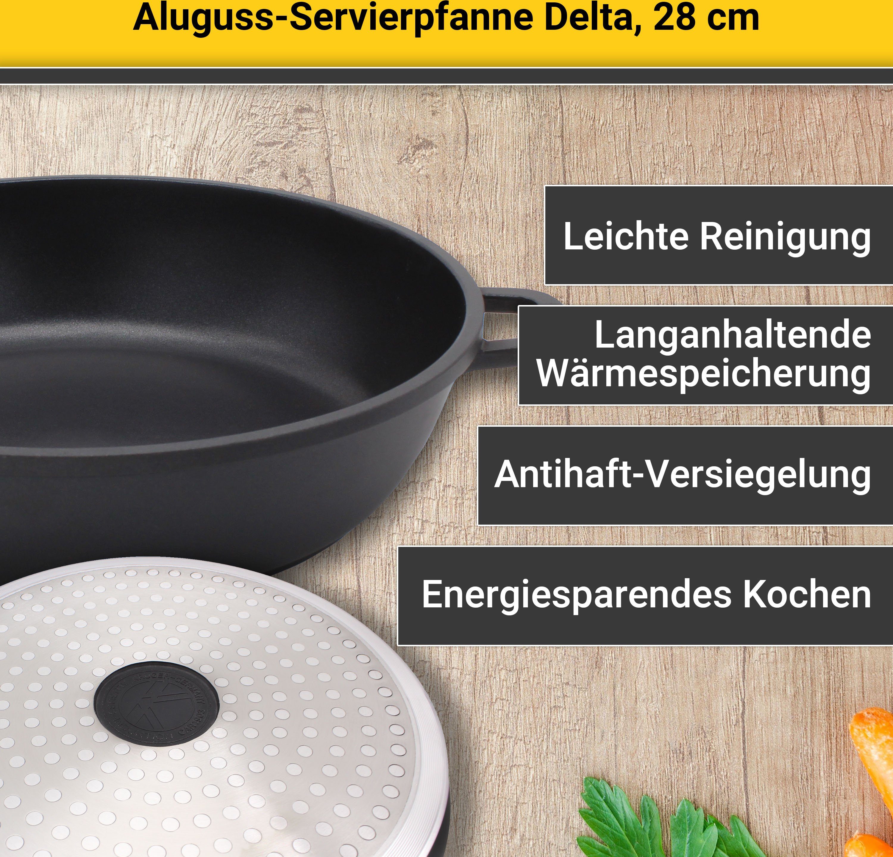 Krüger Servierpfanne Aluguss Servierpfanne DELTA, 28 cm, Aluminiumguss (1-tlg), für Induktions-Kochfelder geeignet