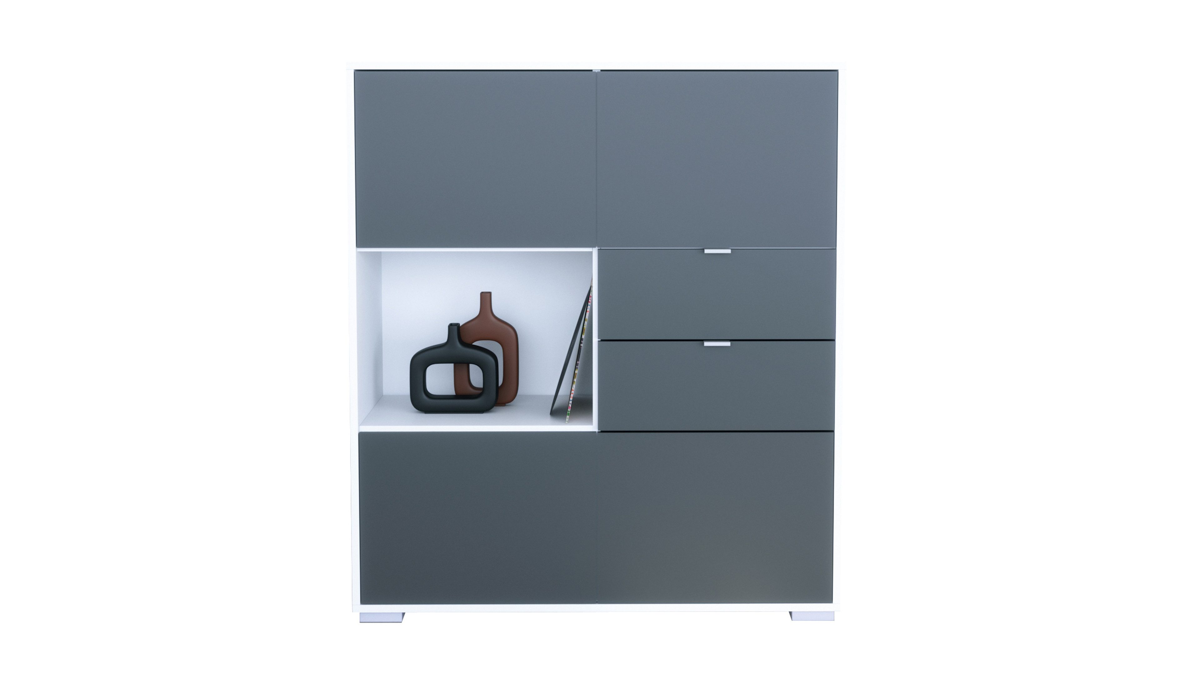 Vladon Highboard Milano V1 (Highboard mit 4 Tür Anthrazit matt, 2 Schubladen Anthrazit matt, Made in Germany), Korpus Weiß matt (103 x 118 x 37 cm)