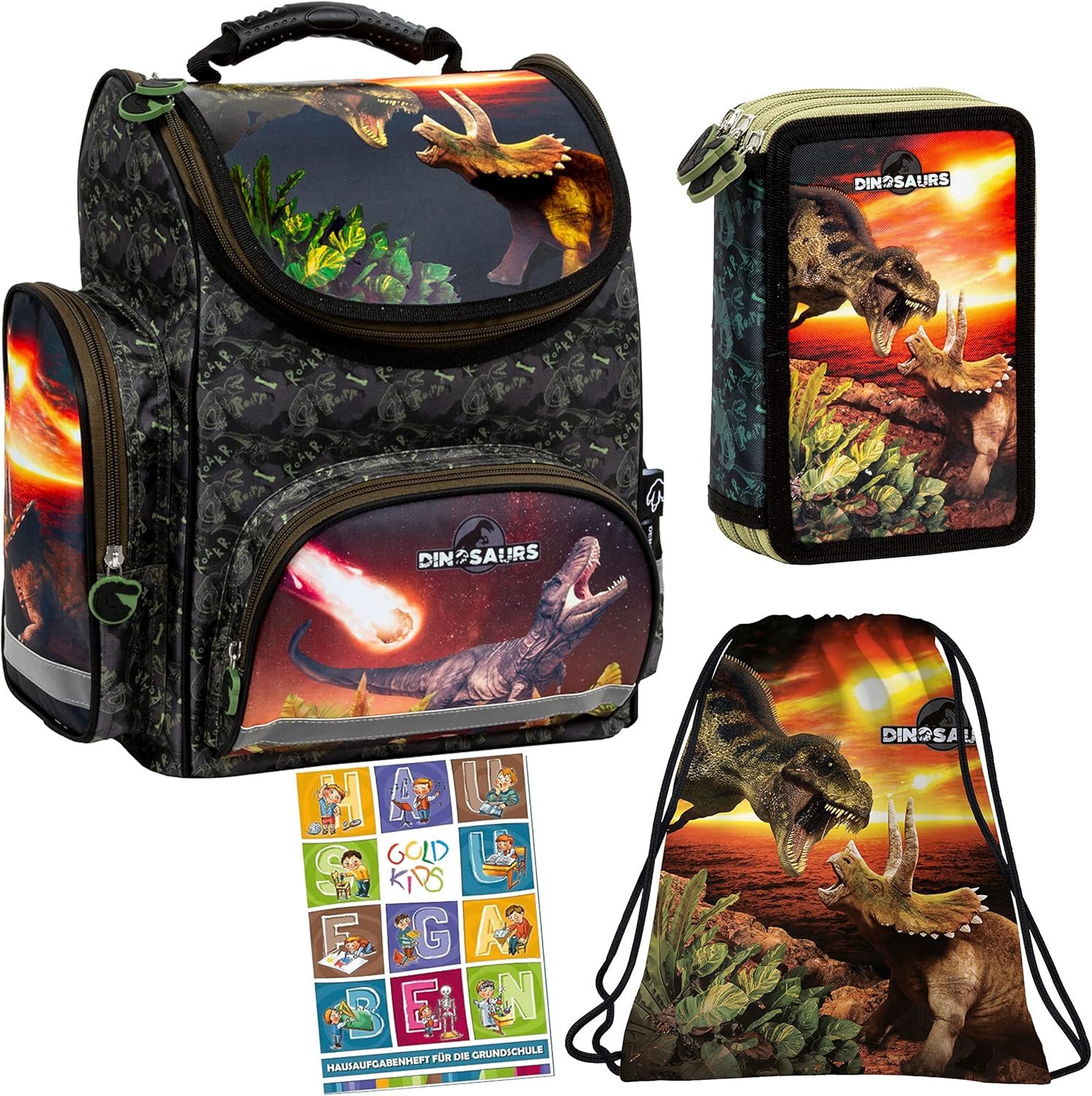 GOLDKIDS Ранцы 4er Set Ranzen (Tornister Federmappe Turnbeutel, 1-tlg., Turnsack Aufgabenheft für die), Grundschule Dinosaurier Dino Motiv