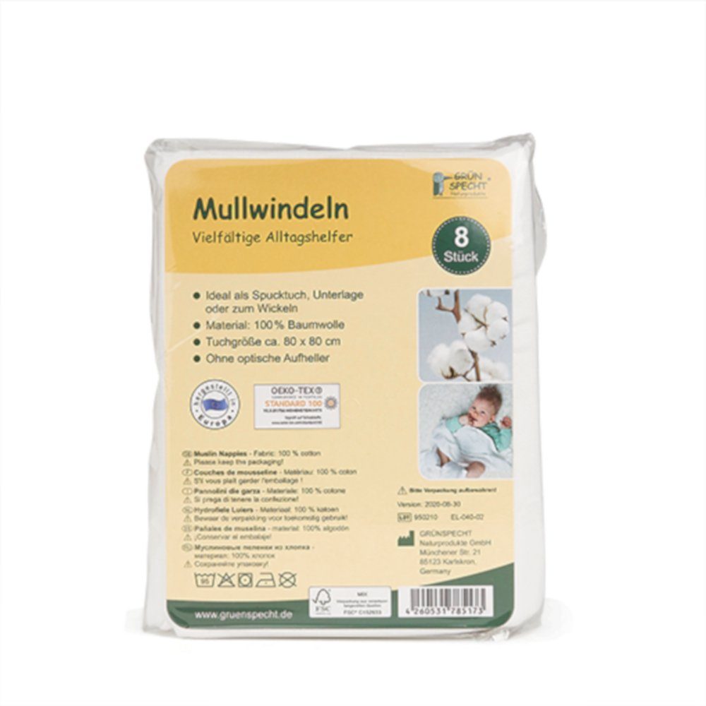 GRÜNSPECHT Stoffwindeln Mullwindeln 8 Stk. 80x80cm aus 100% Baumwoll 698-00 Spucktuch