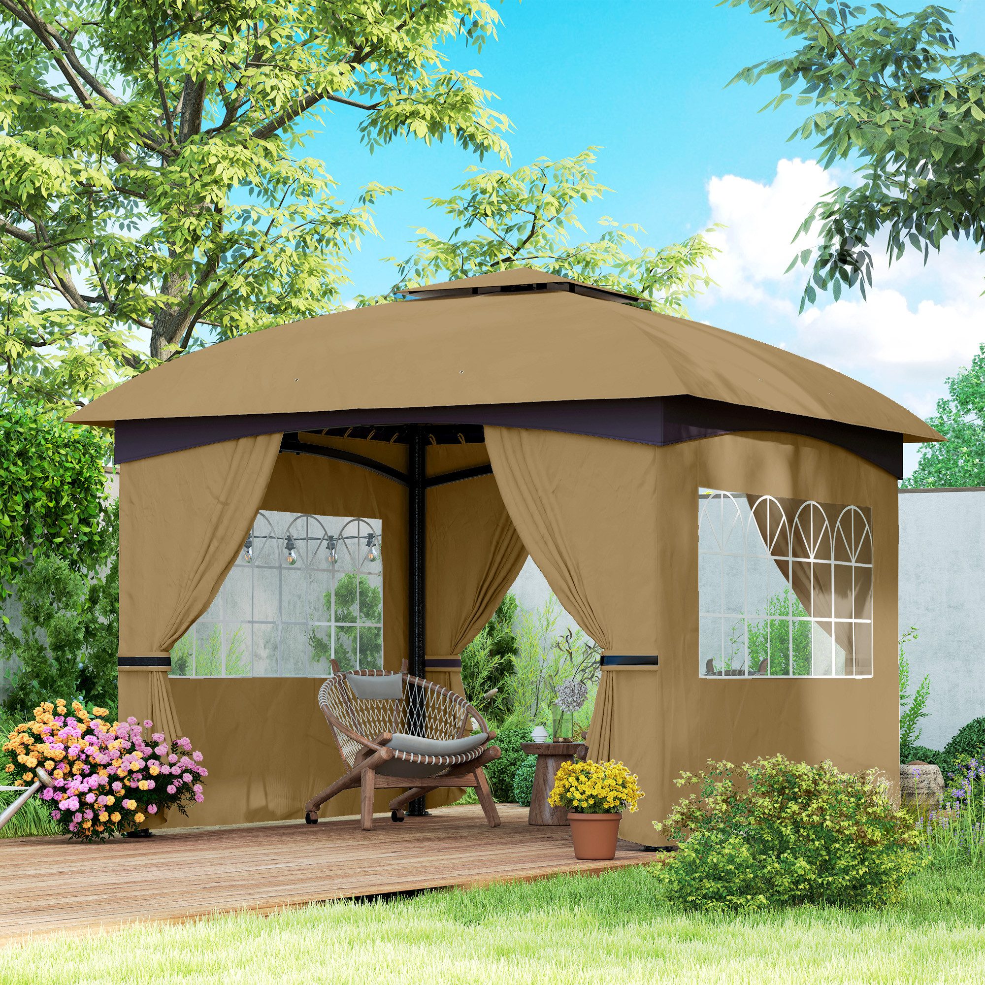 CHICFURN Pavillon Gartenzelt ca. 3,4 x 3,4 m mit 4 Seitenteilen und Doppeldach, mit 4 Seitenteilen, (Packung), Wasserabweisend, mit UV-Schutz und verzinktem Metallrahmen, Beige