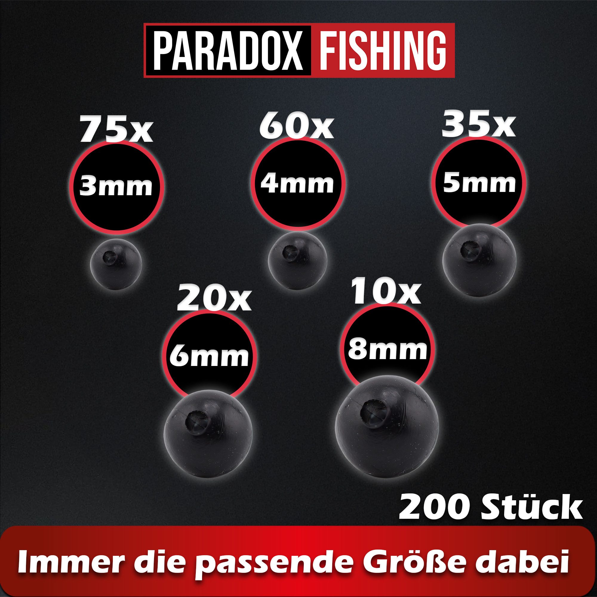 Paradox Fishing Schnurstopper Gummiperlen Set 3mm-8mm 200 Stück, (200-St), Knotenschutz, langlebig, 200 Perlen
