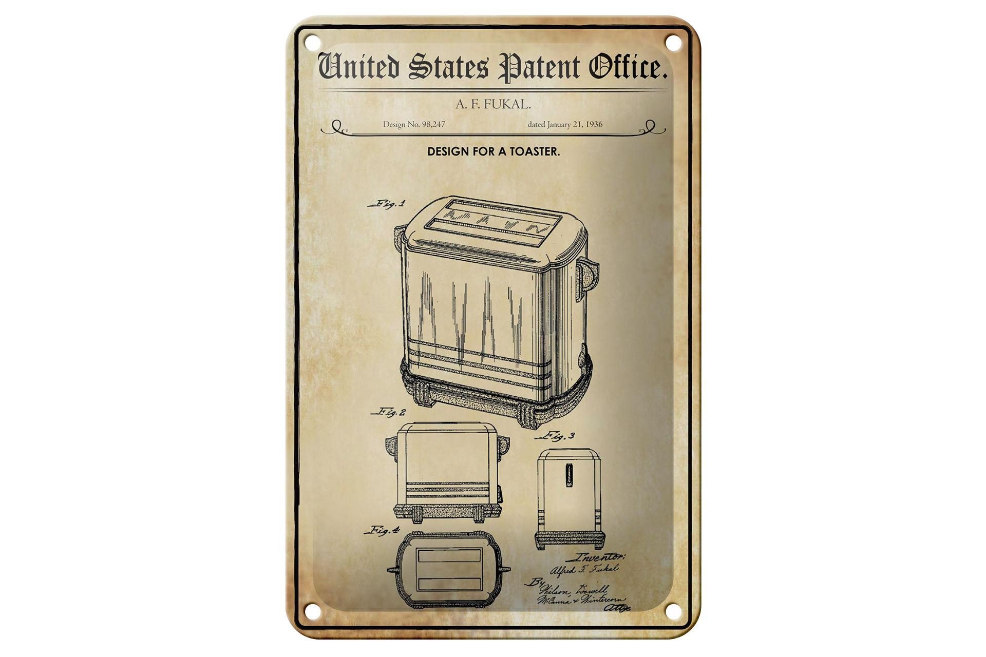 Femer GmbH Metallschild Patent 12x18 cm Entwurf für einen Toaster, (1 St), gewölbte Oberfläche, abgerundete Ecken, umgeschlagene Kanten