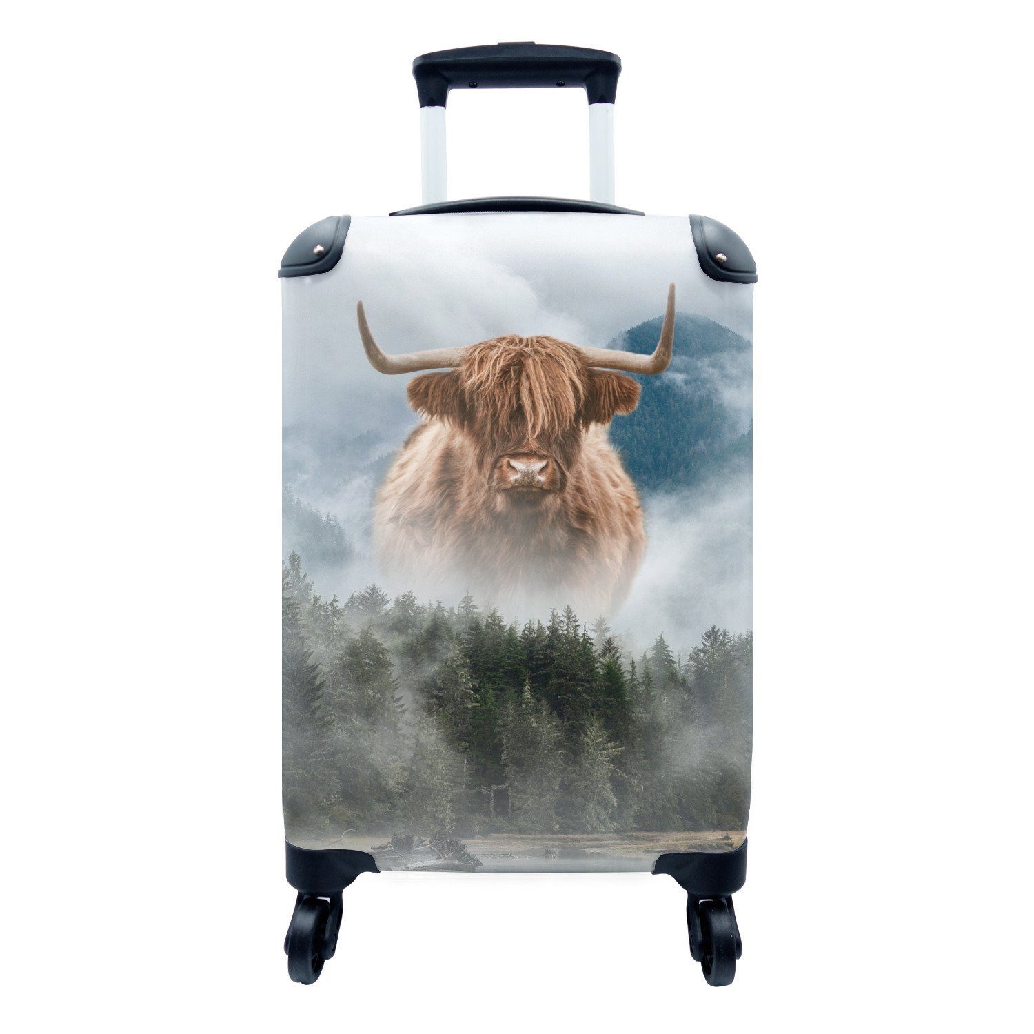 MuchoWow Handgepäckkoffer Nebel - Schottische Highlander - Berge, 4 Rollen, Reisetasche mit rollen, Handgepäck für Ferien, Trolley, Reisekoffer | Handgepäck-Koffer