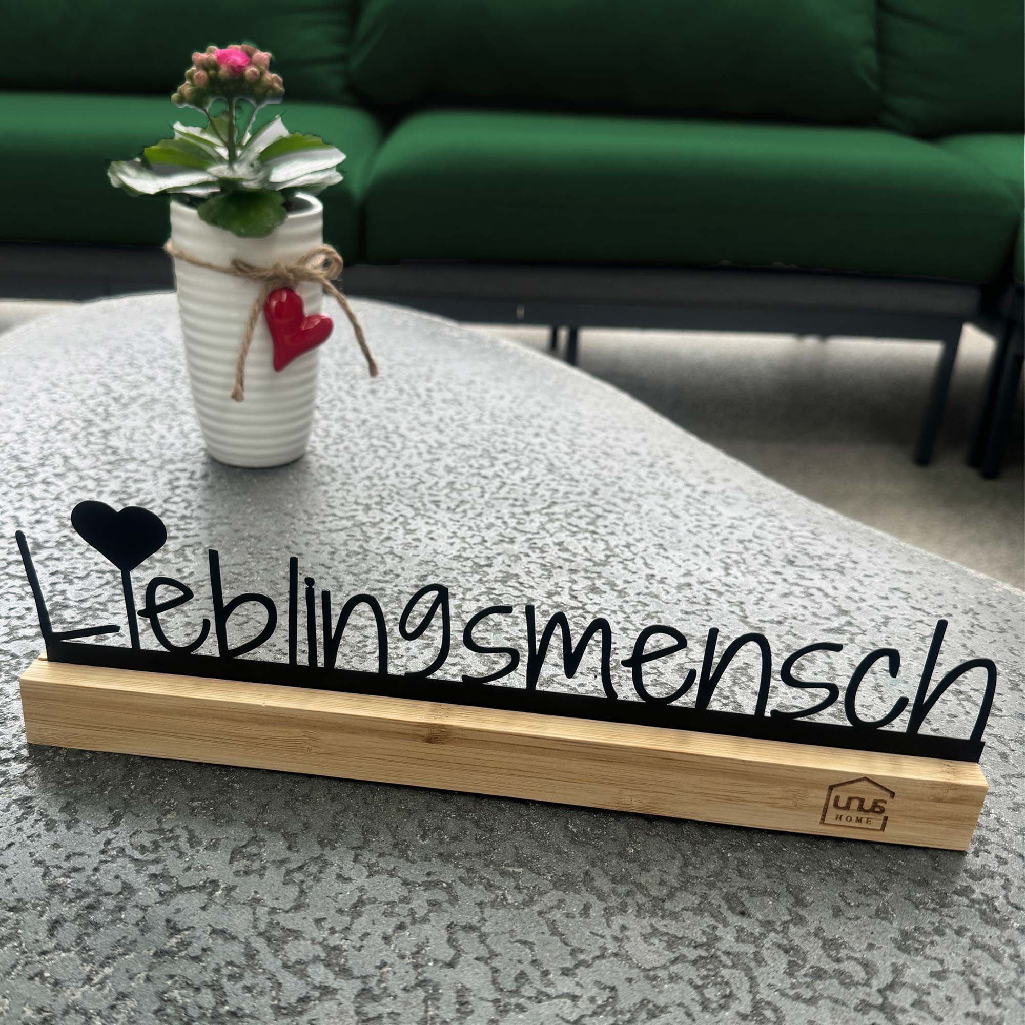 UNUS HOME Deko-Buchstaben Aufsteller Herzensmensch Lieblingsmensch (30cm breit), Schriftzug Deko-Aufsteller Bambusholz Metall Aufsteller Wohndekoration