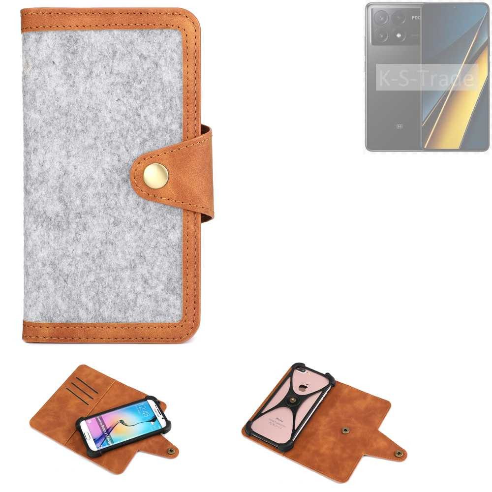 K-S-Trade Handyhülle für POCO X6 Pro 5g, Handyhülle Schutzhülle Filz-Hülle Kunst-Leder hellgrau braun