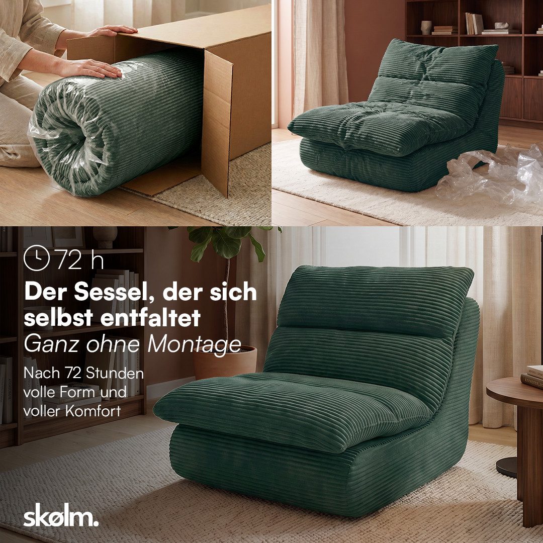 skølm Relaxsessel Sváfa aus Cord/Chenille, dick gepolsterter Vollschaumessel 11,5 cm (Cord, Dunkelgrün), vakuumiert – ohne Aufbau – Bild 4 von 5