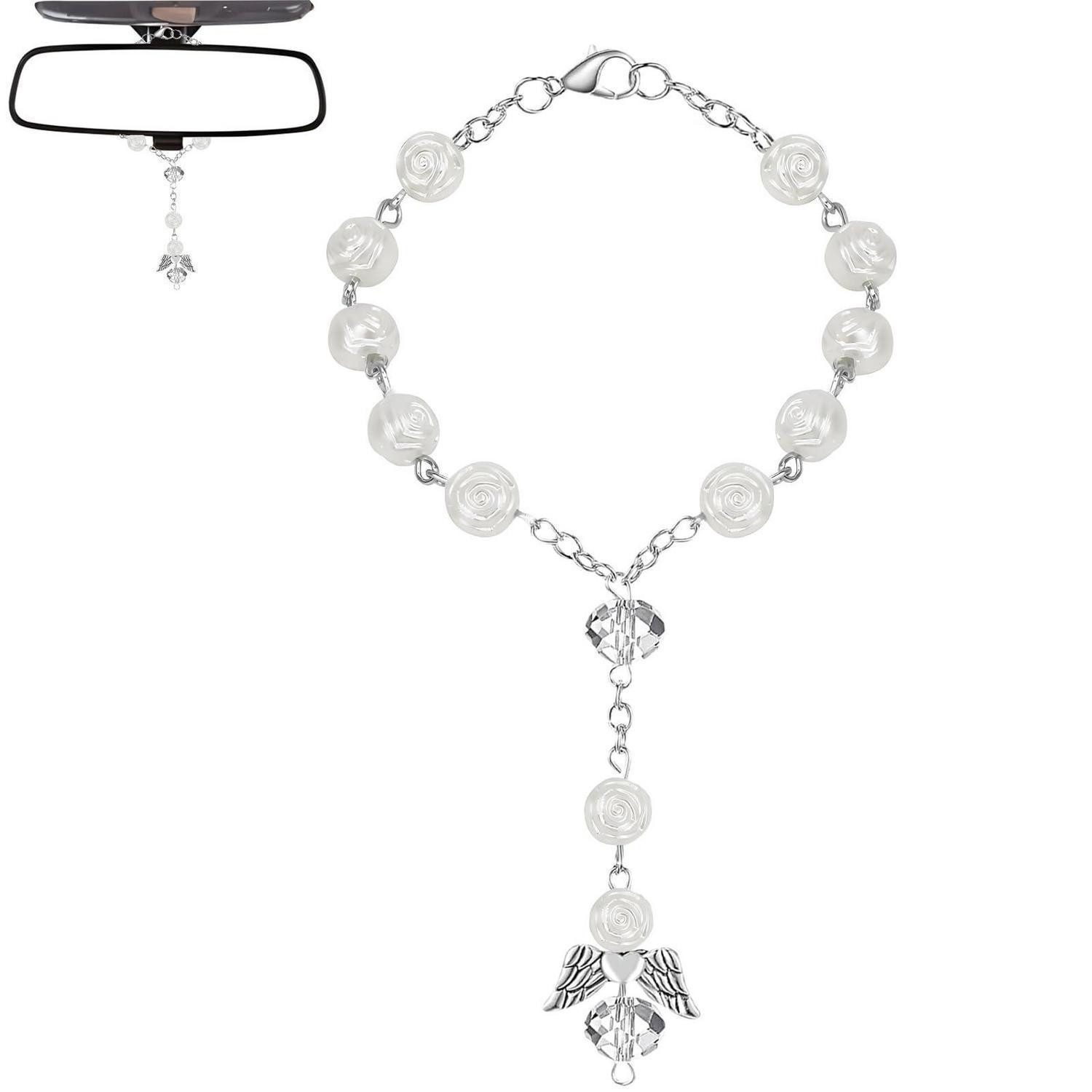 LuxusKollektion Engelfigur Rückspiegel Anhänger Schutzengel Rosenkranz Autozubehör Silber