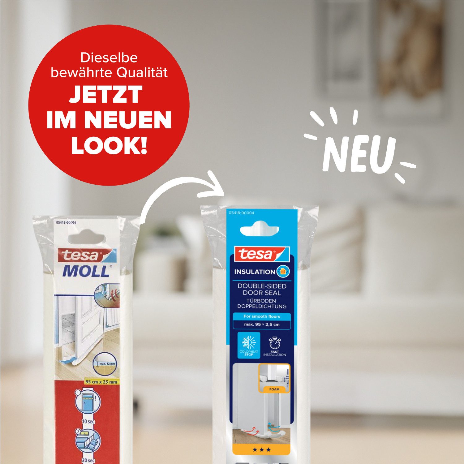 tesa Türbodendichtung INSULATION Zugluftstopper für glatte Böden, (Packung, 1-St., Türdichtung weiß - 95 cm x 25 mm, kürzbar), Zuschneidbare Türdichtung zum Schutz vor Zugluft