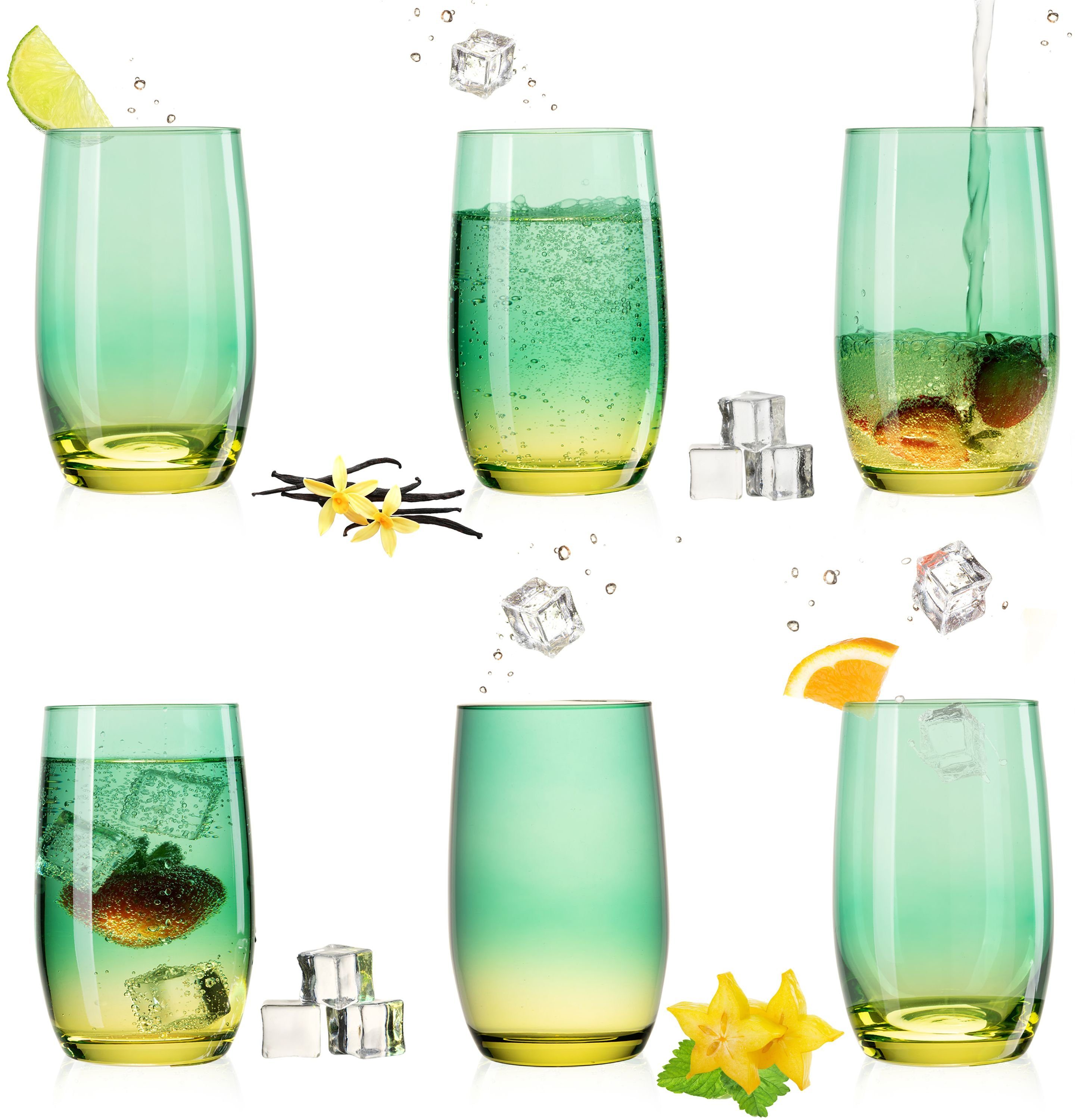 PLATINUX Glas Trinkgläser, Glas, Grün-Gelb 300ml (max.370ml) Set 6 Stück Wassergläser Saftgläser Longdrinkgläser
