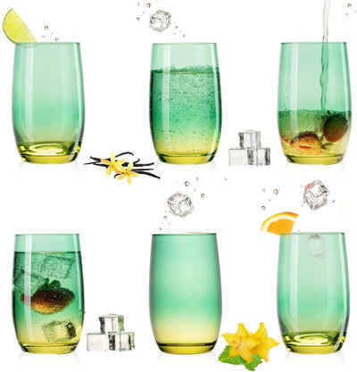 PLATINUX Glas Trinkgläser, Glas, Grün-Gelb 300ml (max.370ml) Set 6 Stück Wassergläser Saftgläser Longdrinkgläser