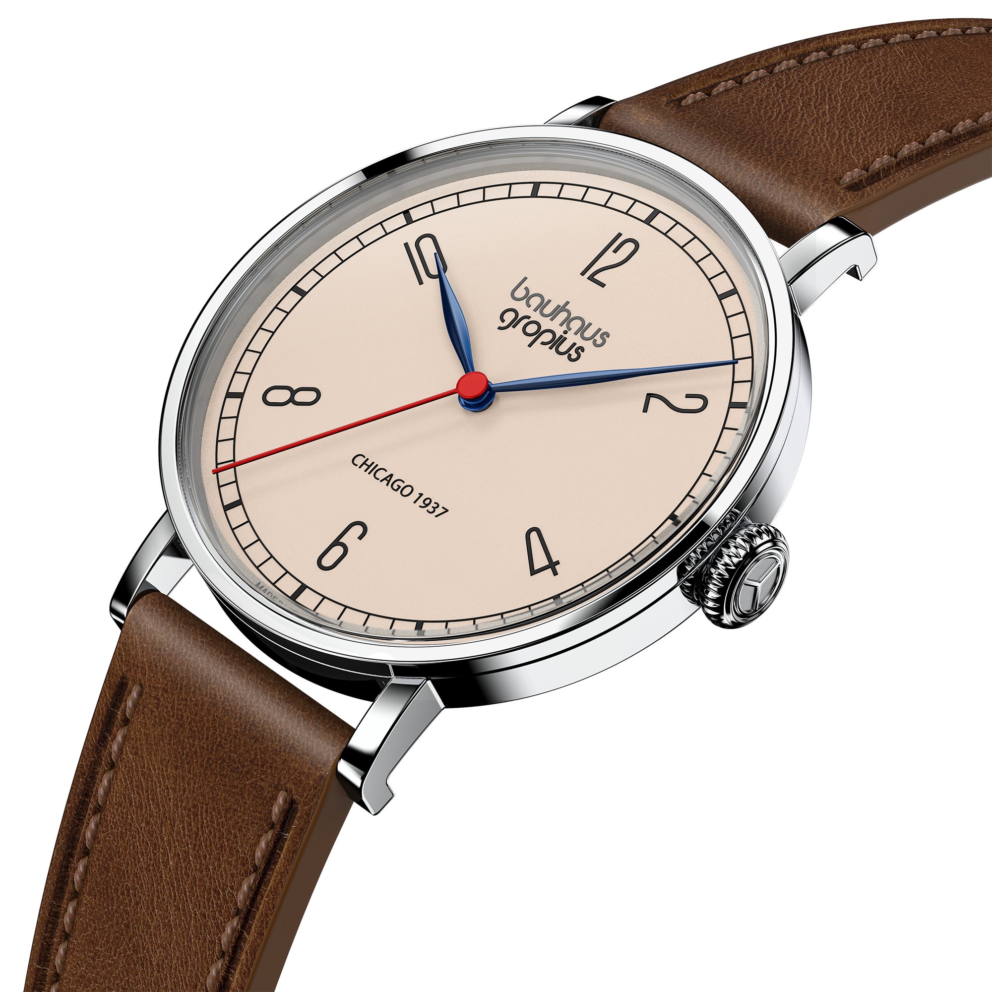 Walter Gropius Quarzuhr Made in Germany, Saphirglas, New Bauhaus Chicago 1937 - WGN 002-01, Designeruhr, Lederarmband mit Easy-Release System, Edelstahlgehäuse