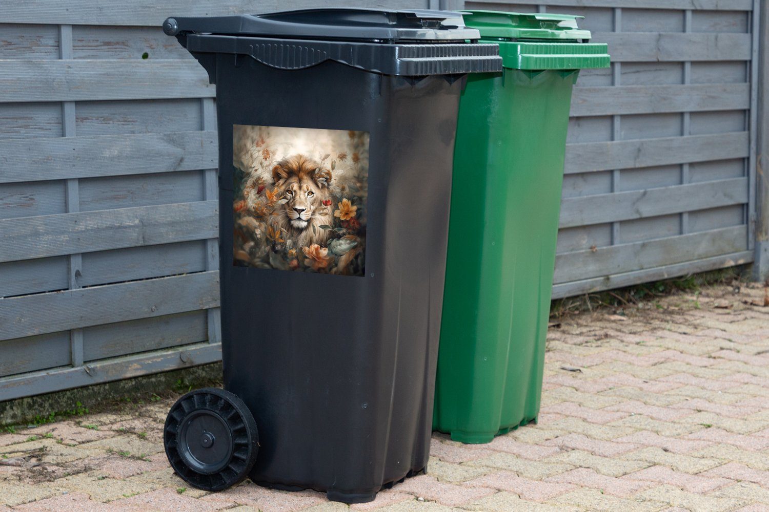 Container, Pflanzen MuchoWow St), (1 Sticker, Wildtiere - - Mülltonne, Löwe Abfalbehälter Mülleimer-aufkleber, - Wandsticker - Natur Blumen