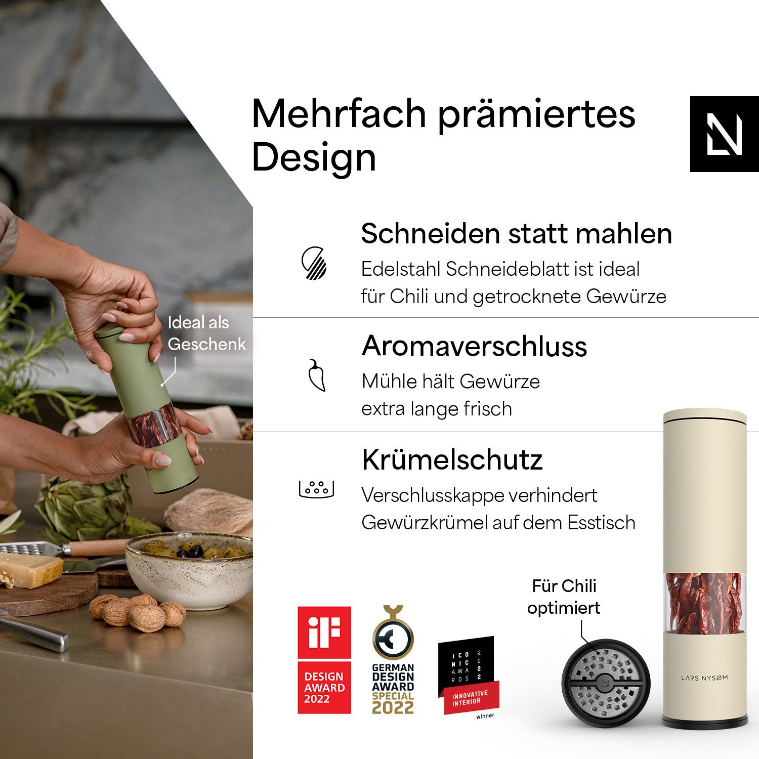 LARS NYSØM Gewürzmühle Lagom Chili, (1 Stück), hochwertiges Schneideblatt aus Edelstahl perfekt für Chili