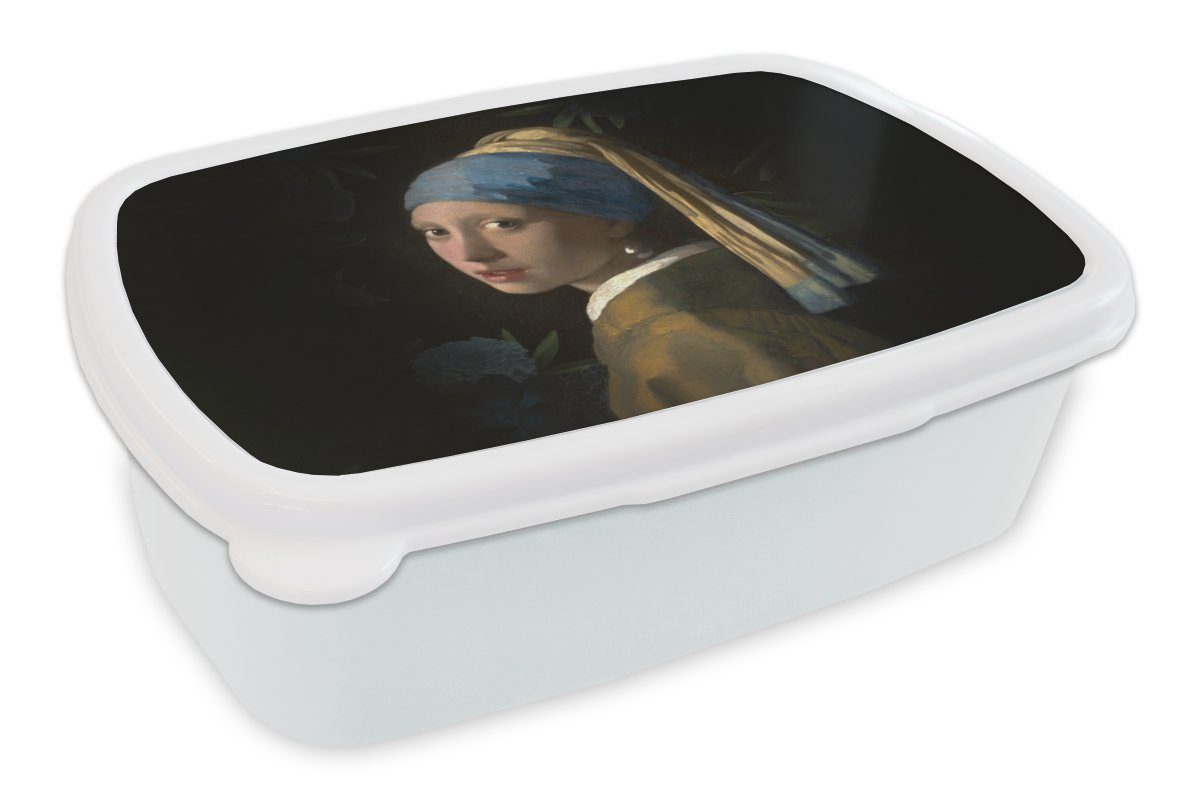 MuchoWow Lunchbox Das Mädchen mit dem Perlenohrring - Vermeer - Pflanzen, Kunststoff, (2-tlg), Brotbox für Kinder und Erwachsene, Brotdose, für Jungs und Mädchen weiß
