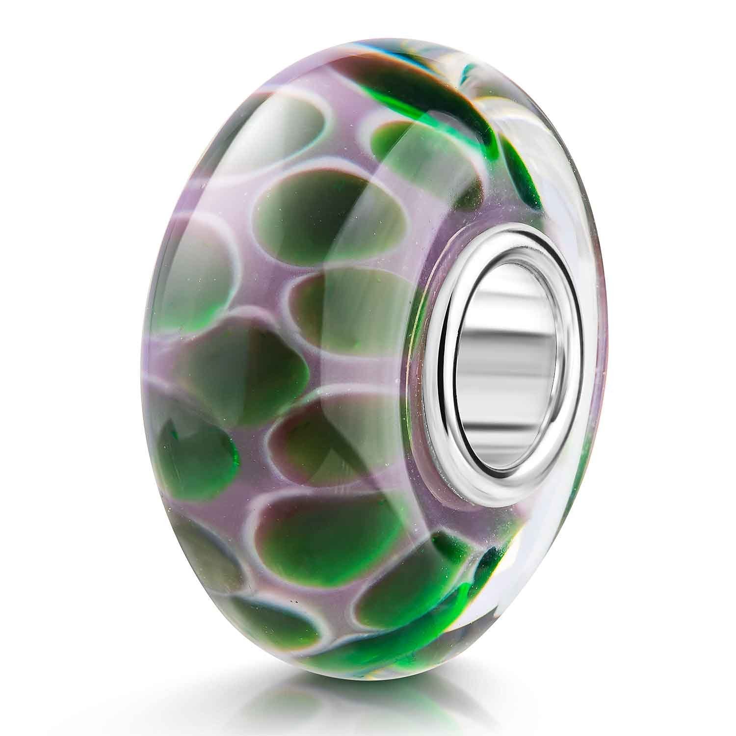 Bead Glasperle mit Punkten Kreisen Lila Grün Silber 1032