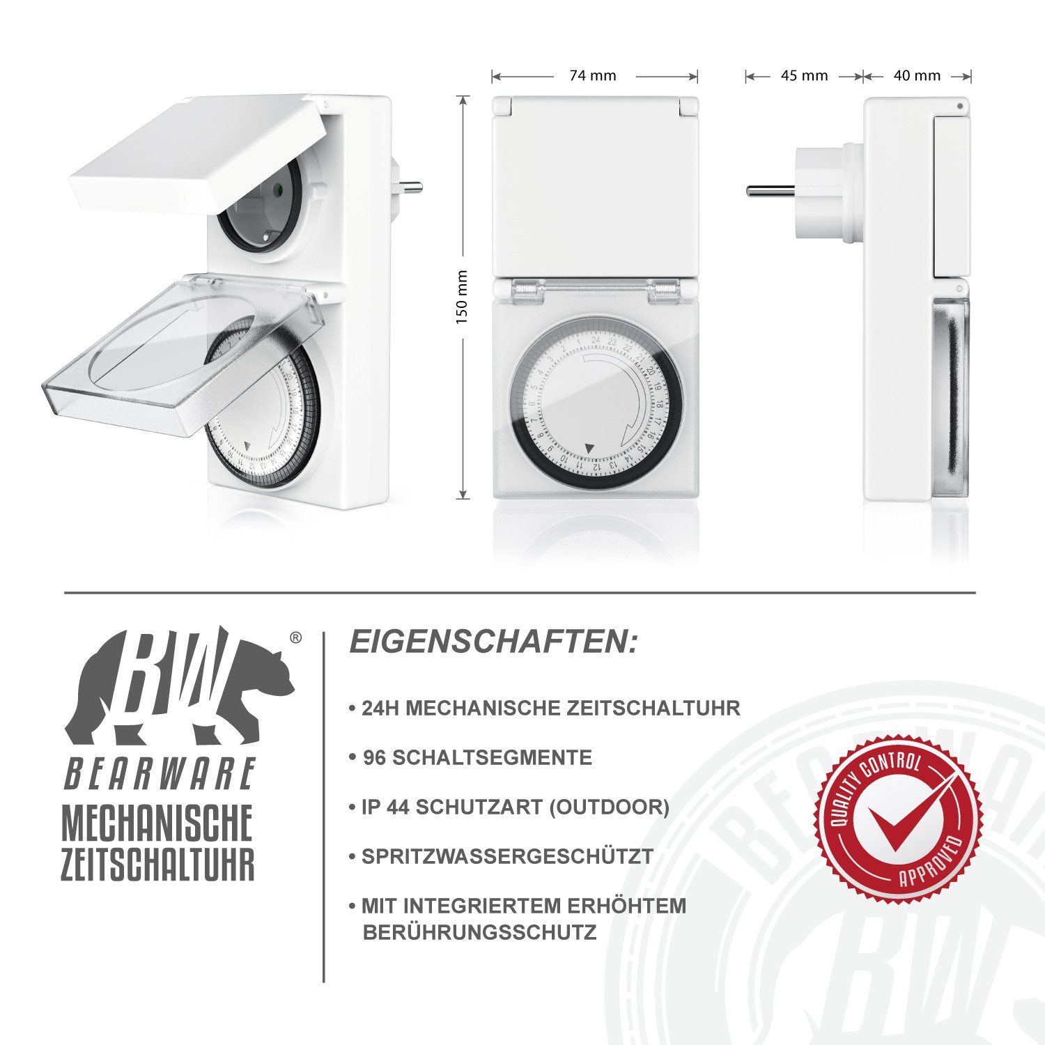 BEARWARE Zeitschaltuhr Mechanischer Outdoor Timer, 96 Segmente, für Innen & Außen, 3680W, mechanisch, 1-St., 15-Min-Intervalle, spritzwassergeschützt, dt. Anlei – Bild 3 von 5
