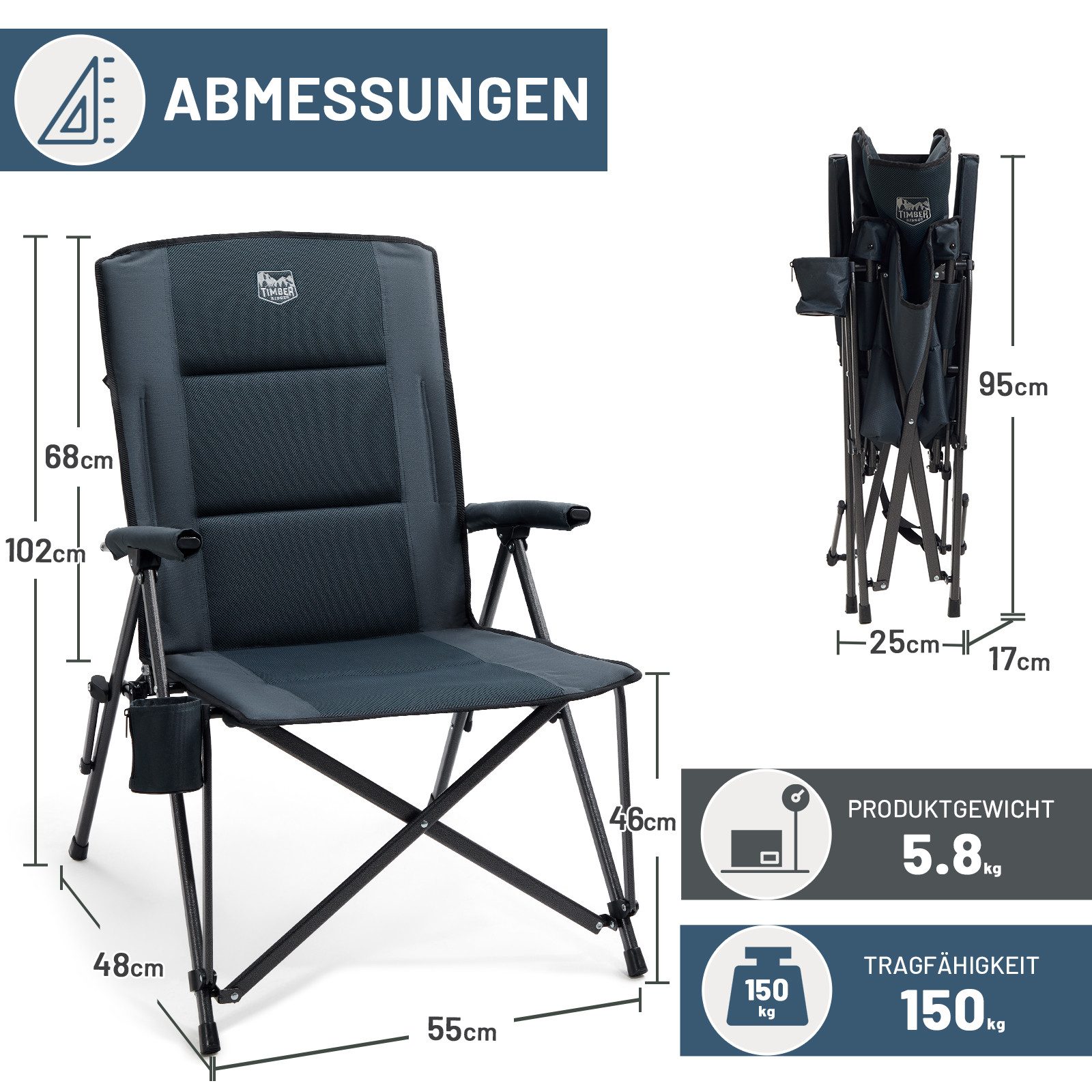 TIMBER RIDGE Campingstuhl Faltbar Breiter Sitz 55cm Leicht Klappstuhl 150kg Belastbar (2 St), 55×48×102cm, schwarz