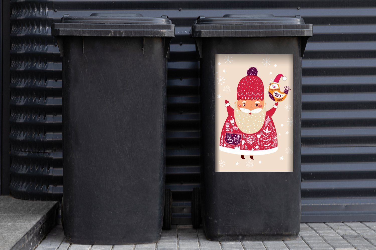 Mülltonne, Sticker, Weihnachtsmann - Abfalbehälter - Weihnachten MuchoWow Container, Vogel - Schnee St), Wandsticker (1 Mülleimer-aufkleber, - Winter