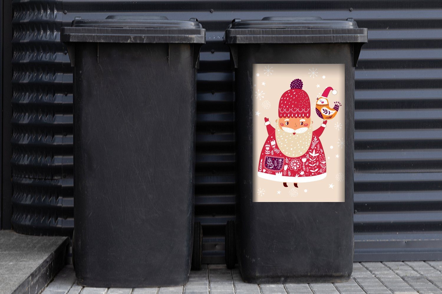 Mülltonne, Container, (1 Mülleimer-aufkleber, - - MuchoWow Wandsticker Winter Vogel Sticker, - St), Schnee Weihnachtsmann Abfalbehälter Weihnachten -