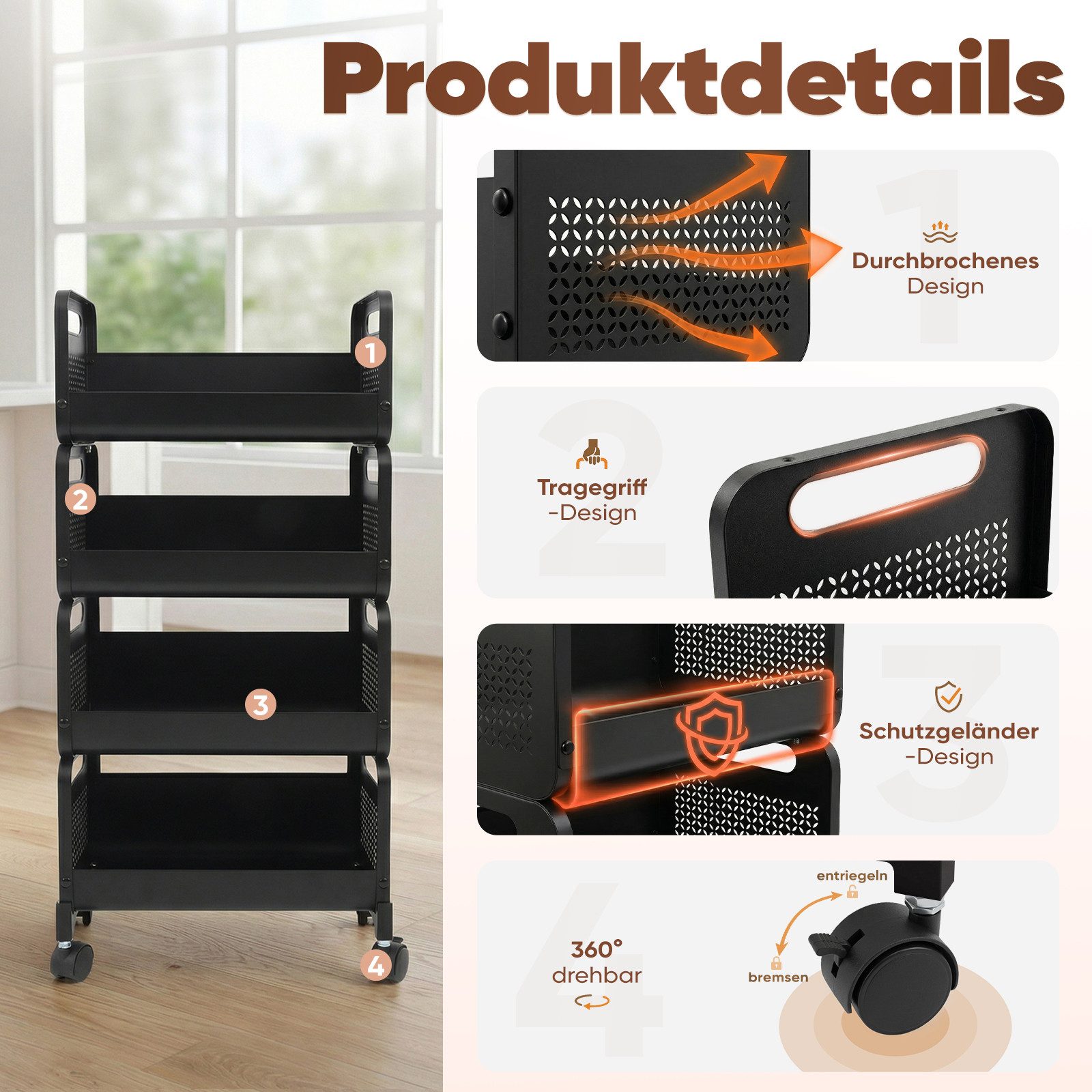 Sekey Rollwagen Küchenwagen 25 cm breit, servierwagen mit rollen, gemüseregal küchenwagen Metall Aufbewahrungsregal, mit 4 Ebenen