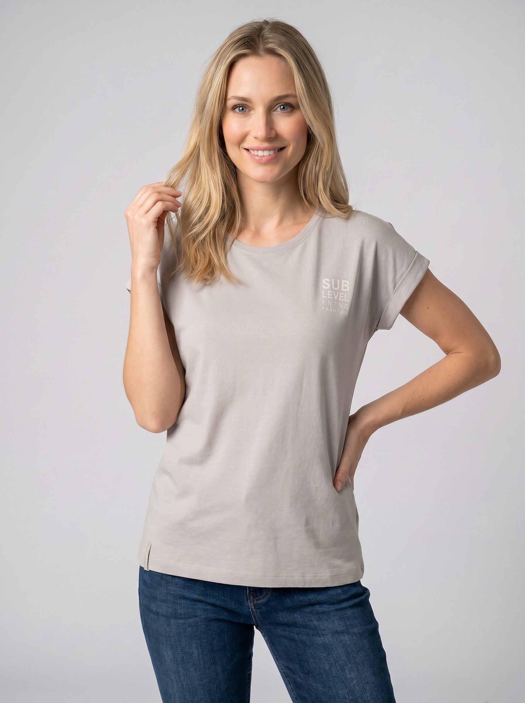 SUBLEVEL T-Shirt Damen Basic T-Shirt Logoprint Modal-Baumwolle T-Shirt mit Ärmelaufschlag