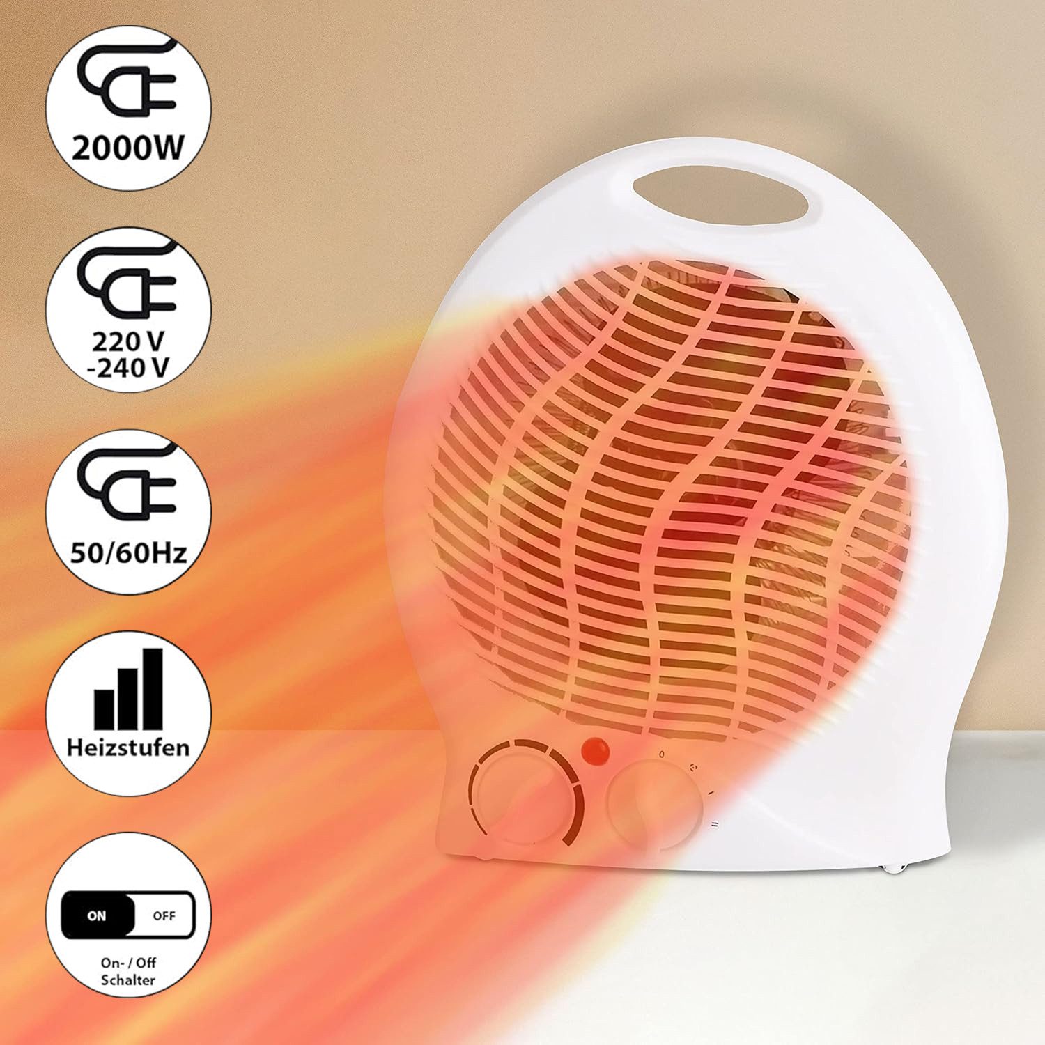 AIMAX Heizlüfter Heizlüfter, 2000W, 2 Wählbare Wattstufen mit einstellbarem Thermostat, Kompakter Heizlüfter Elektroheizer Eco-Modus und Abschaltautomatik