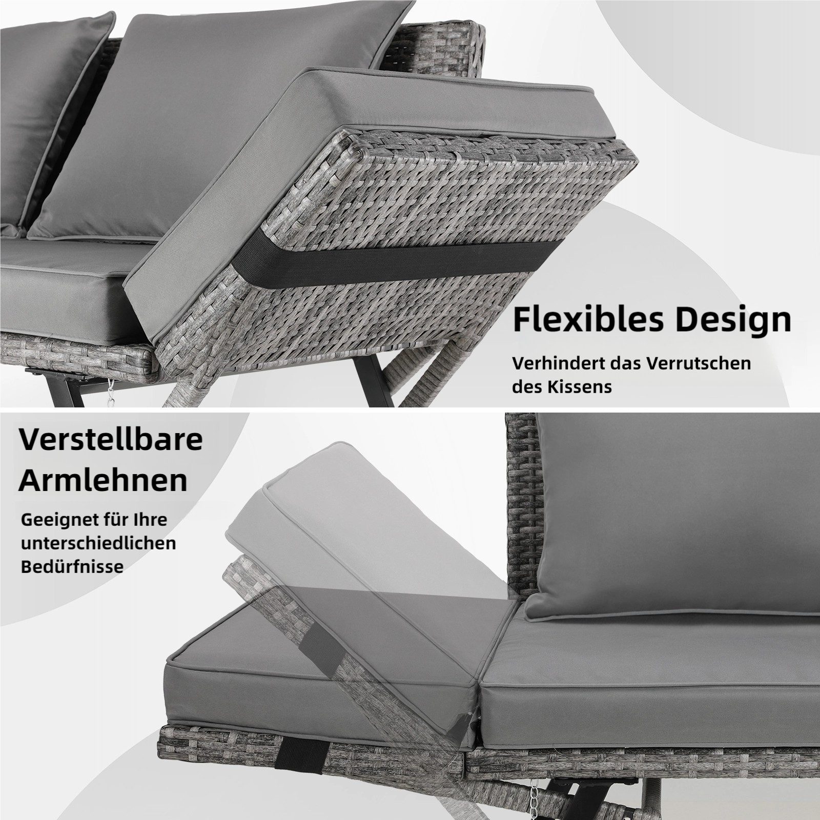 TLGREEN Gartenbank mit Liegefunktion, Wetterfest UV-beständig Rattan Gartensofa (2 Personen Einfache Umwandlung, Polyrattan Sitz-Liege 2-Sitzer Abnehmbare Kissenbezüge), Grau/Beige – Platzsparend & Stabil