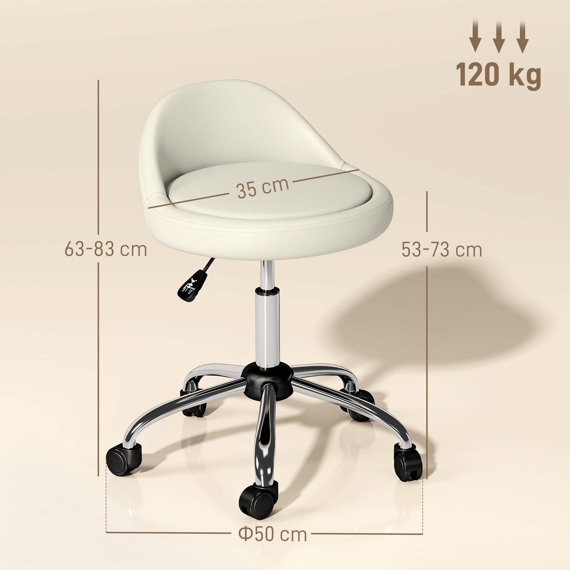HOMCOM Rollsitz Drehhocker mit Rädern Drehbarer Arbeitshocker Salonhocker (Rollhocker, 1 St., Arbeitshocker), Ø35 x 83H cm, Kunstleder, Weiß