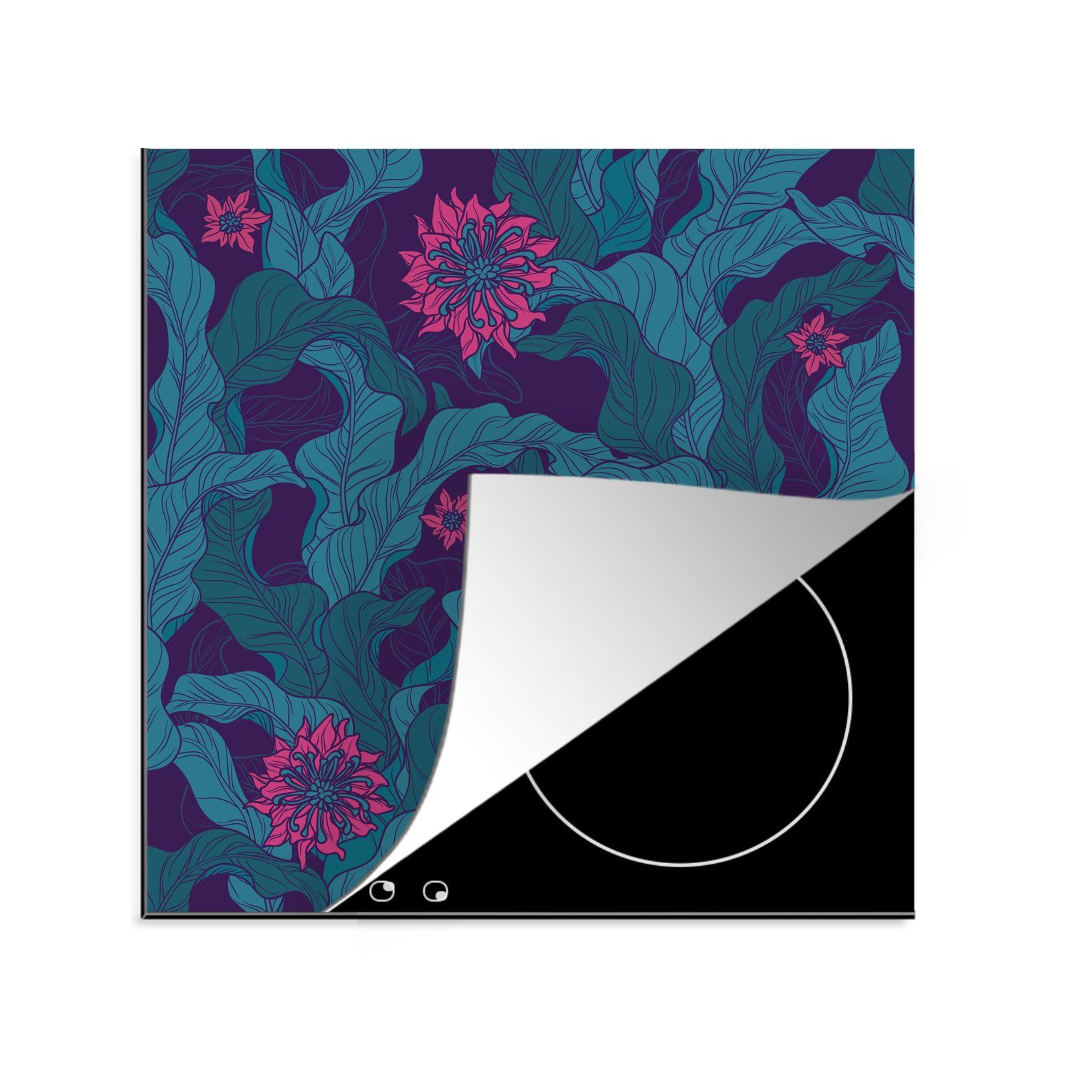 MuchoWow Herdblende-/Abdeckplatte Eine Illustration eines Blumenmusters mit lila Blumen, Vinyl, (1 tlg), 78x78 cm, Ceranfeldabdeckung, Arbeitsplatte für küche