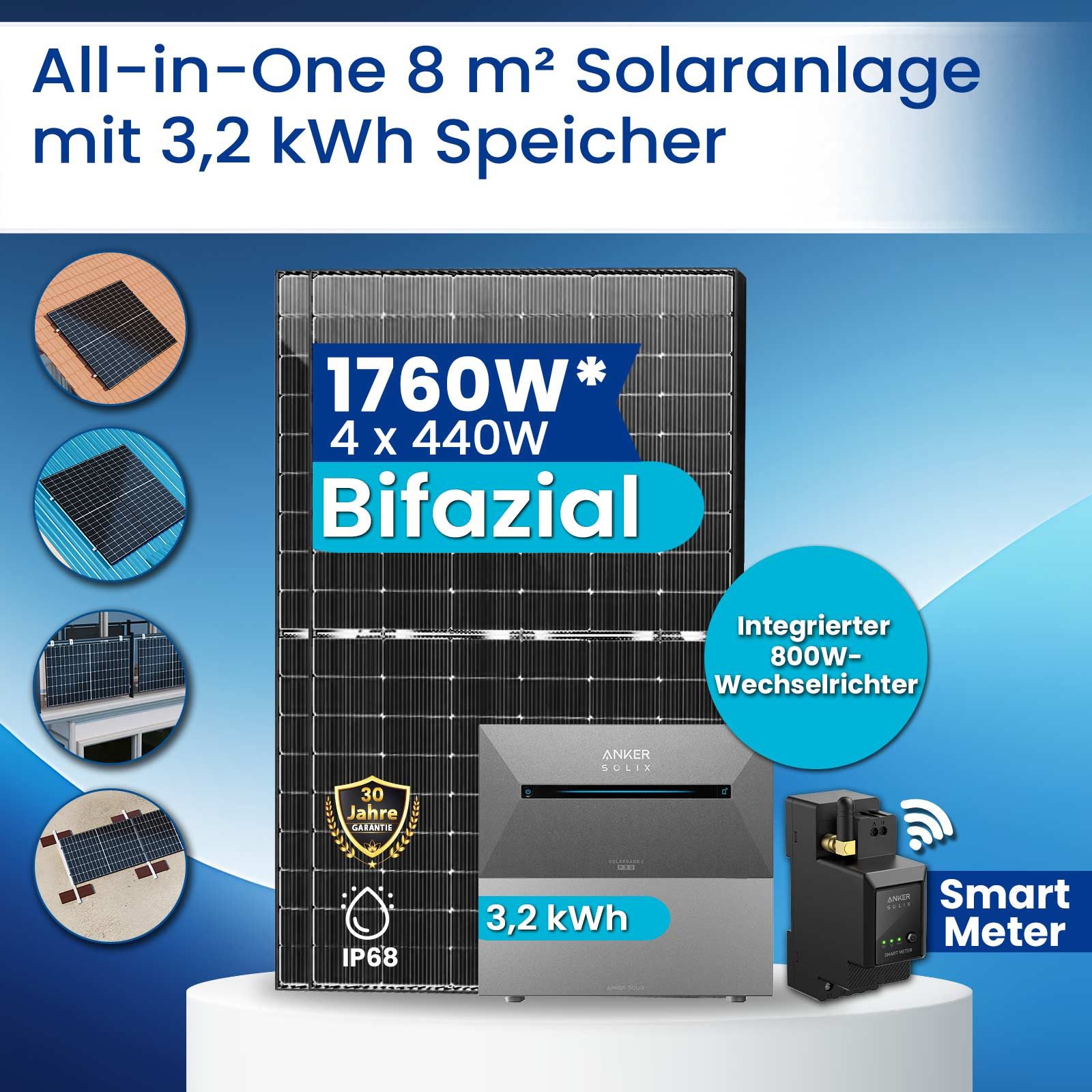 SOLAR-HOOK etm Balkonkraftwerk 1760W Bifizial Komplettset mit Speicher 3,2 kWh Anker Solix All in one, 1760,00 W, Monokristallin, (Komplettset Alles in einem 8 qm2 Solaranlage 3,2 kWh Speicher mit Ziegeldach PV-Montage, 4x440W Bifaziale Glas Solarmodule), Integriertem 800W Wechselrichter und APP & WiFi Einrichtungen