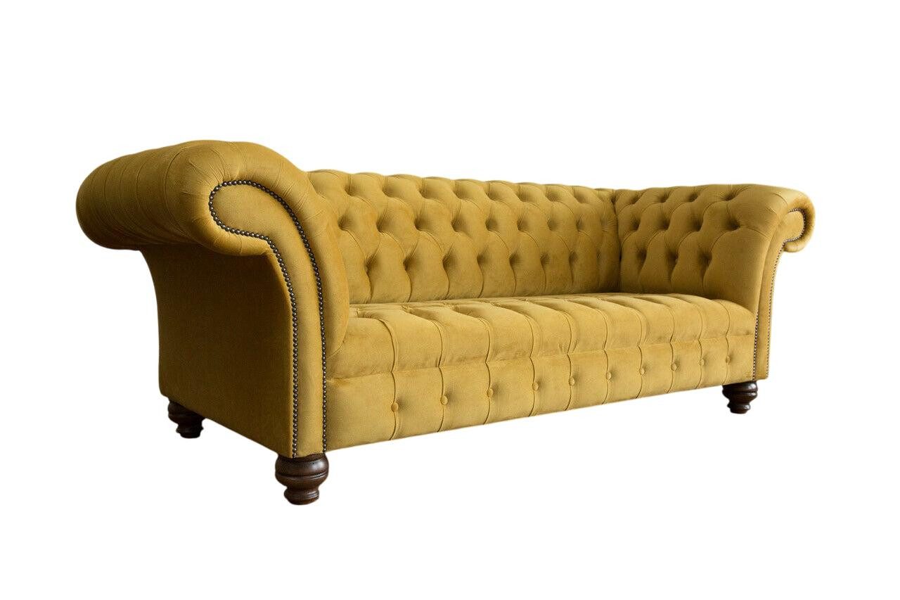 JVmoebel Chesterfield-Sofa Designer Chesterfield Sofagarnitur 4tlg. Gelb Samt Sofa Couch Set, 4 Teile, Made in Europe