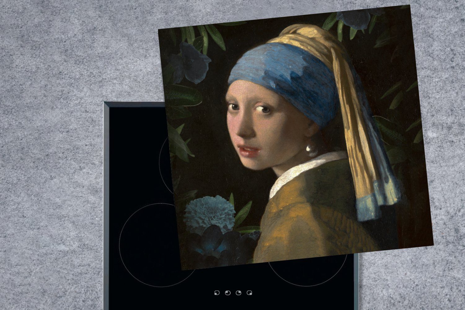 Arbeitsplatte Mädchen MuchoWow küche für Perlenohrring Vinyl, cm, Das 78x78 Vermeer - Herdblende-/Abdeckplatte mit dem Ceranfeldabdeckung, (1 tlg), Kunst, -