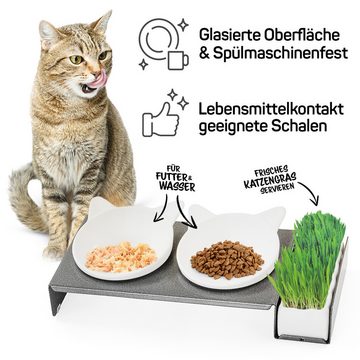 Canadian Cat Company Futterstation - Industrial Foodbar - Futterstation aus Metall mit Keramikschalen, Keramik, Mit zusätzlicher Schale für Leckerleien oder Katzengrass