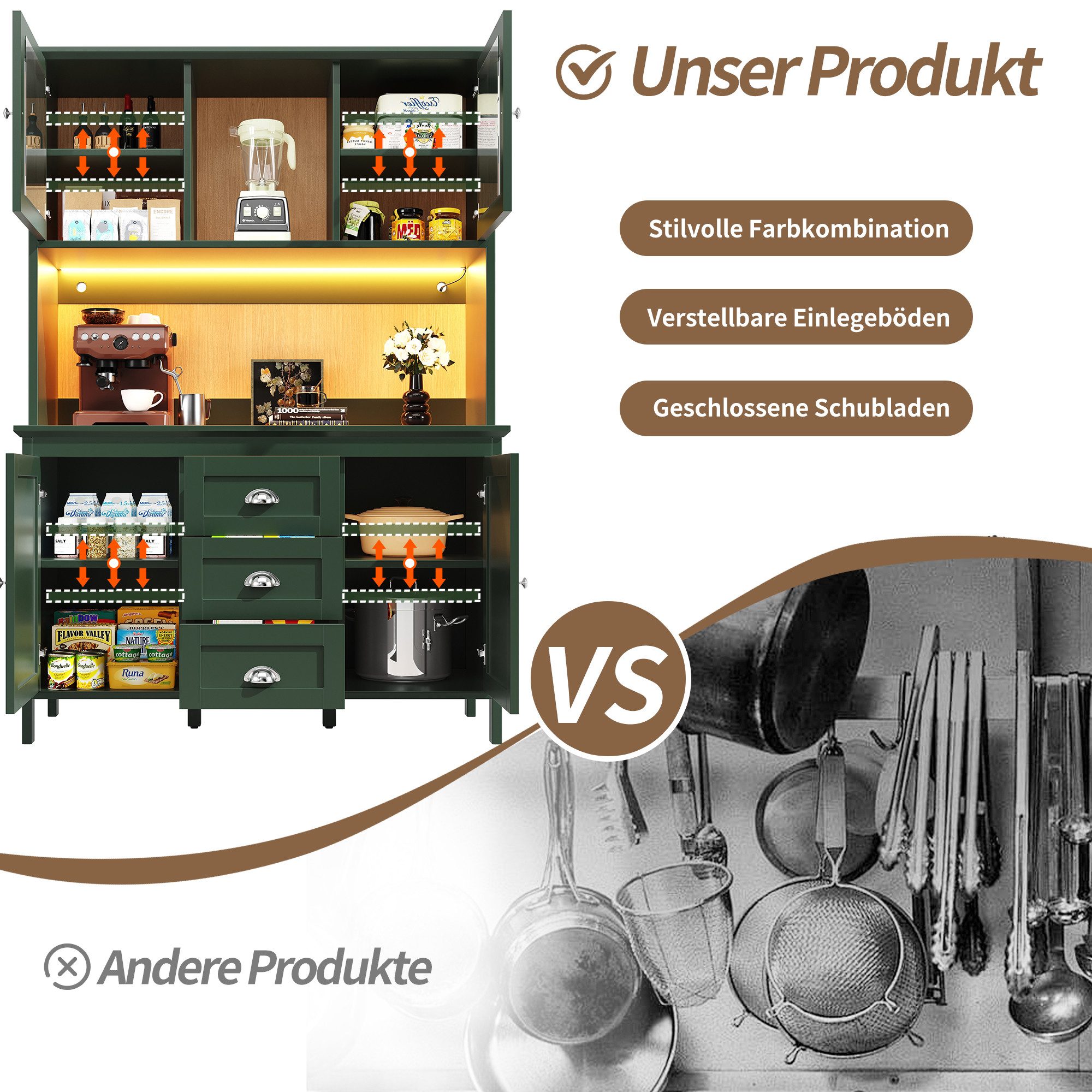 TavilaEcon Küchenbuffet Küchenschränke mit Glastüren und LED-Beleuchtung (1-St) 120 x 40 x 179 cm, grün – Bild 5 von 5