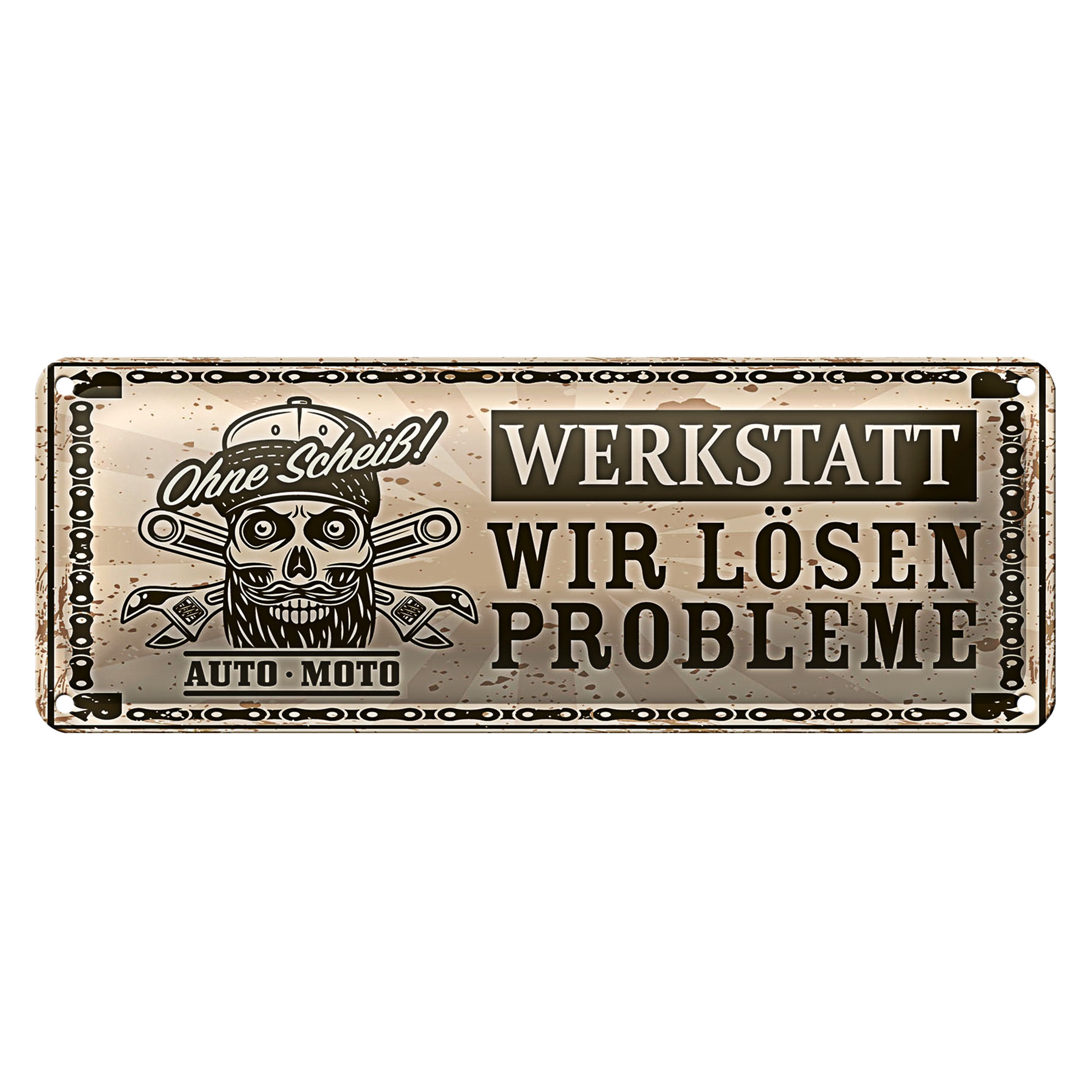 Roomando Metallschild Blechschild Spruch 27x10cm Auto Moto Werkstatt wir lösen Probleme