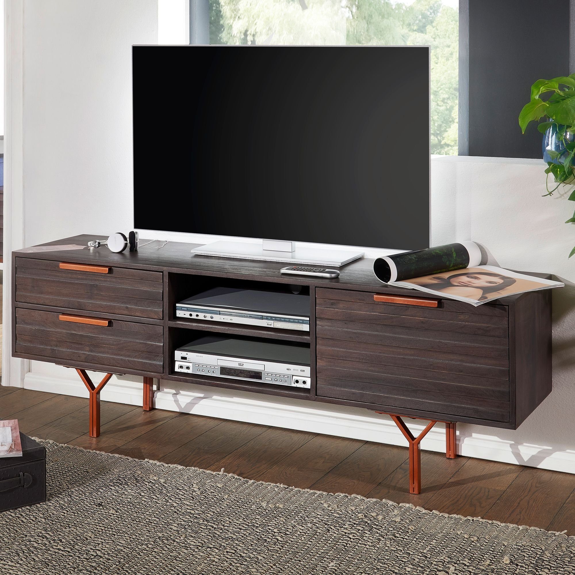 FINEBUY Lowboard »FB51284«, Akazie Massivholz Industrial TV Kommode