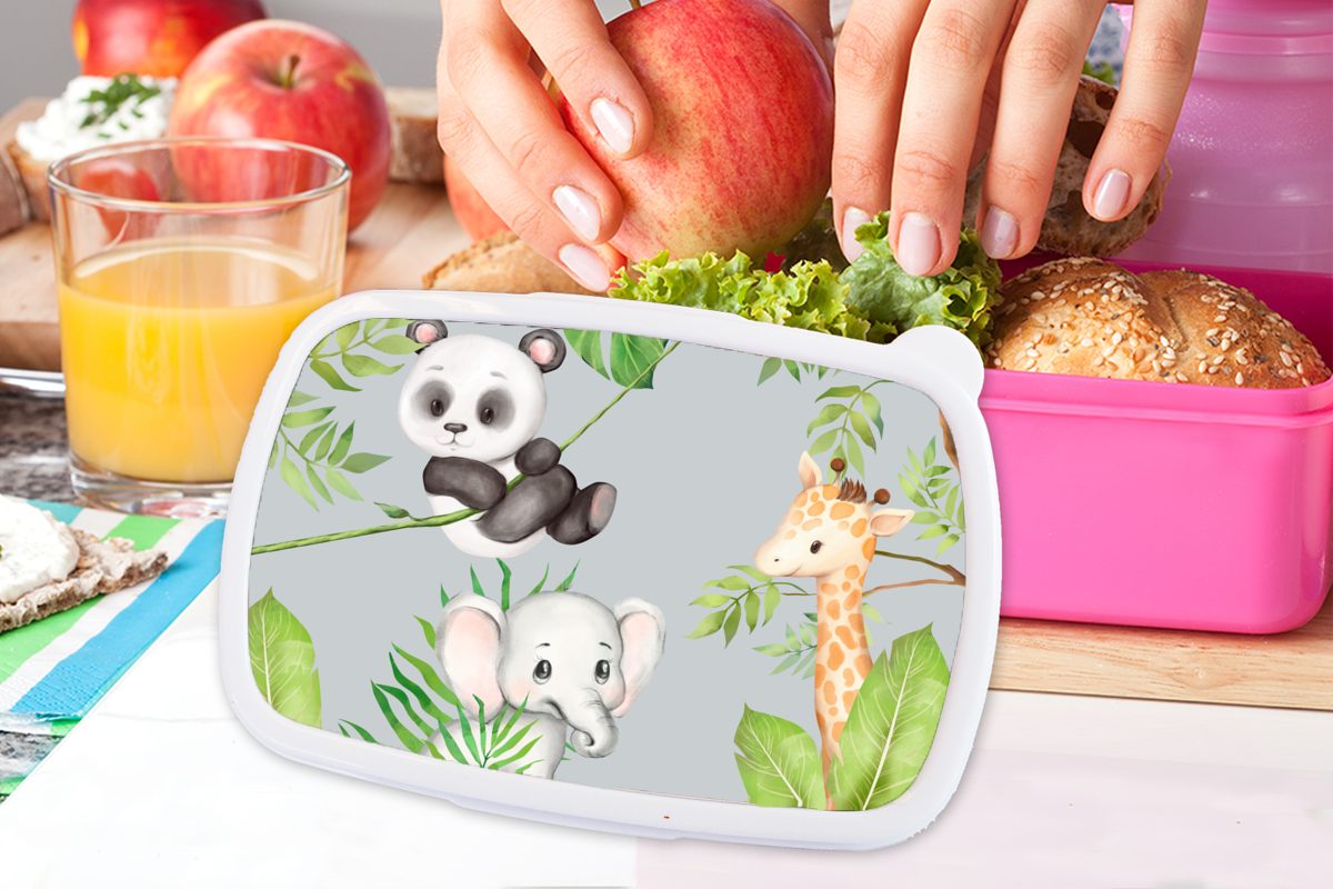 MuchoWow Lunchbox Dschungel - Mädchen, Blätter Kinder, - rosa für Brotdose Brotbox Snackbox, Kunststoff Tiere, Kunststoff, (2-tlg), Erwachsene