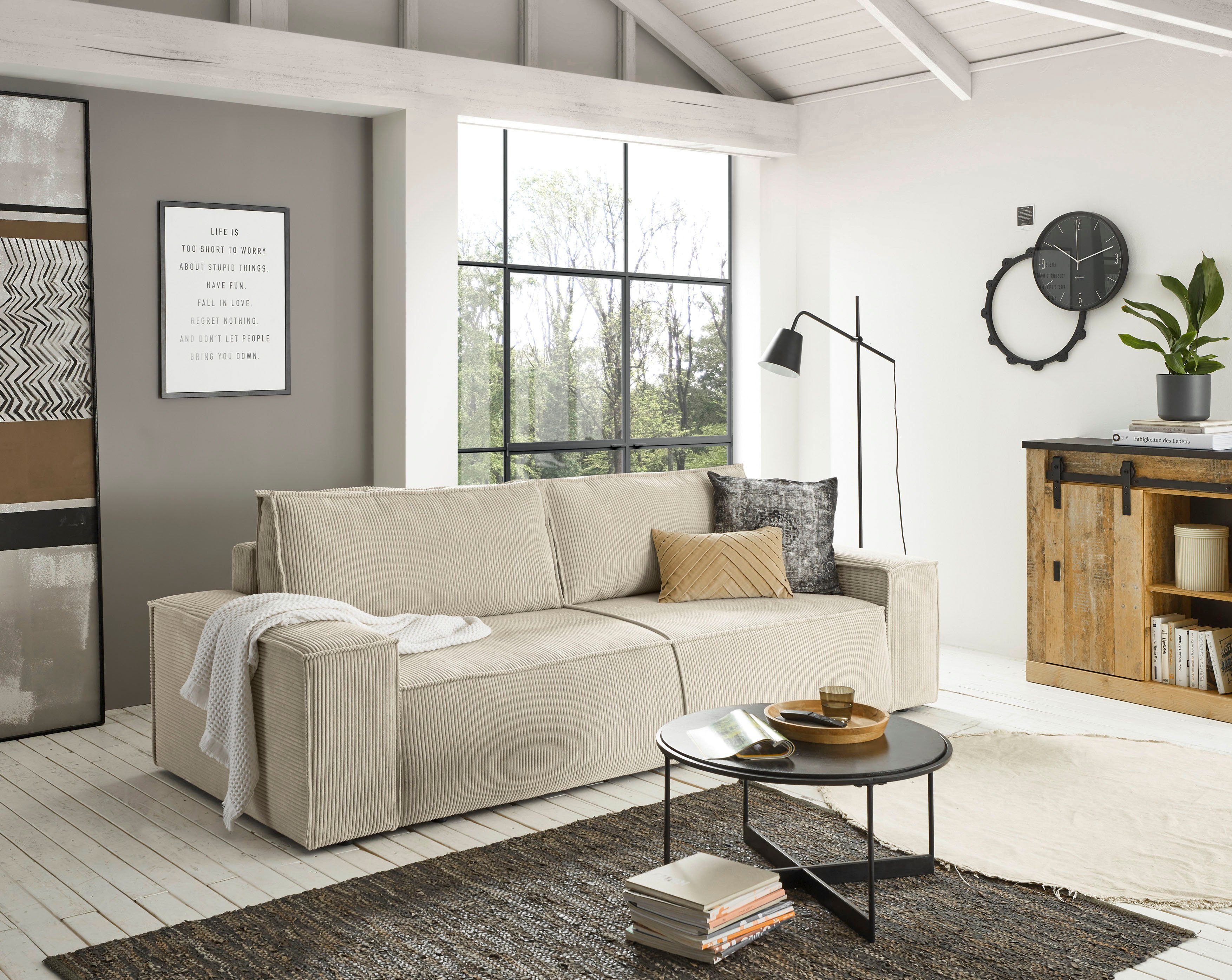 OTTO home 3-Sitzer SHERWOOD Cord Schlafsofa (257cm), Schlaffunktion mit Bettkasten (ca. 136/200cm)