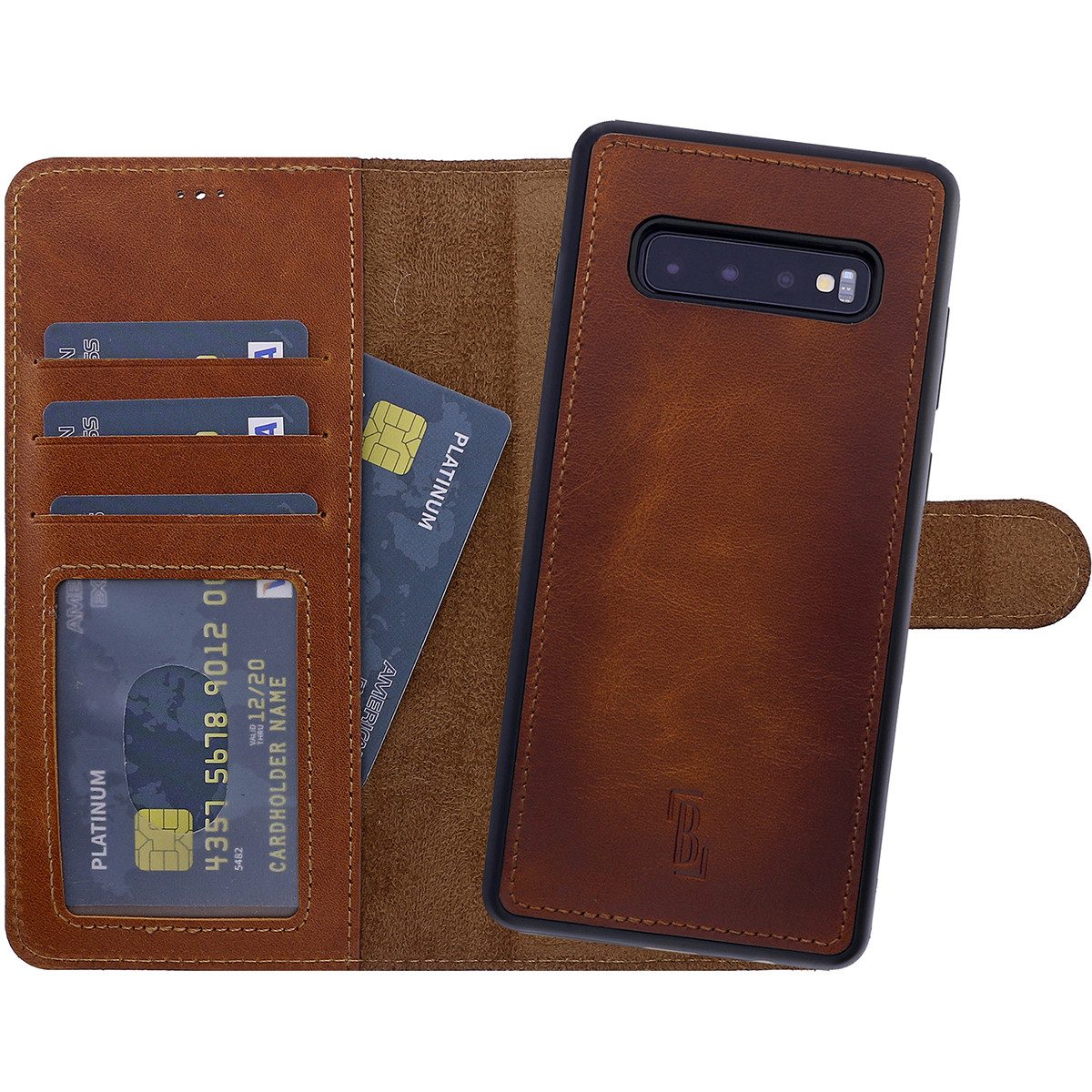 Burkley Handytasche Samsung Galaxy S10 Handytasche mit modularem Case (1-tlg., Book Case Lederhülle mit Kartenfach und Magnetverschluss), herausnehmbare Innenhülle, Kartenfächer mit Kick-Stand