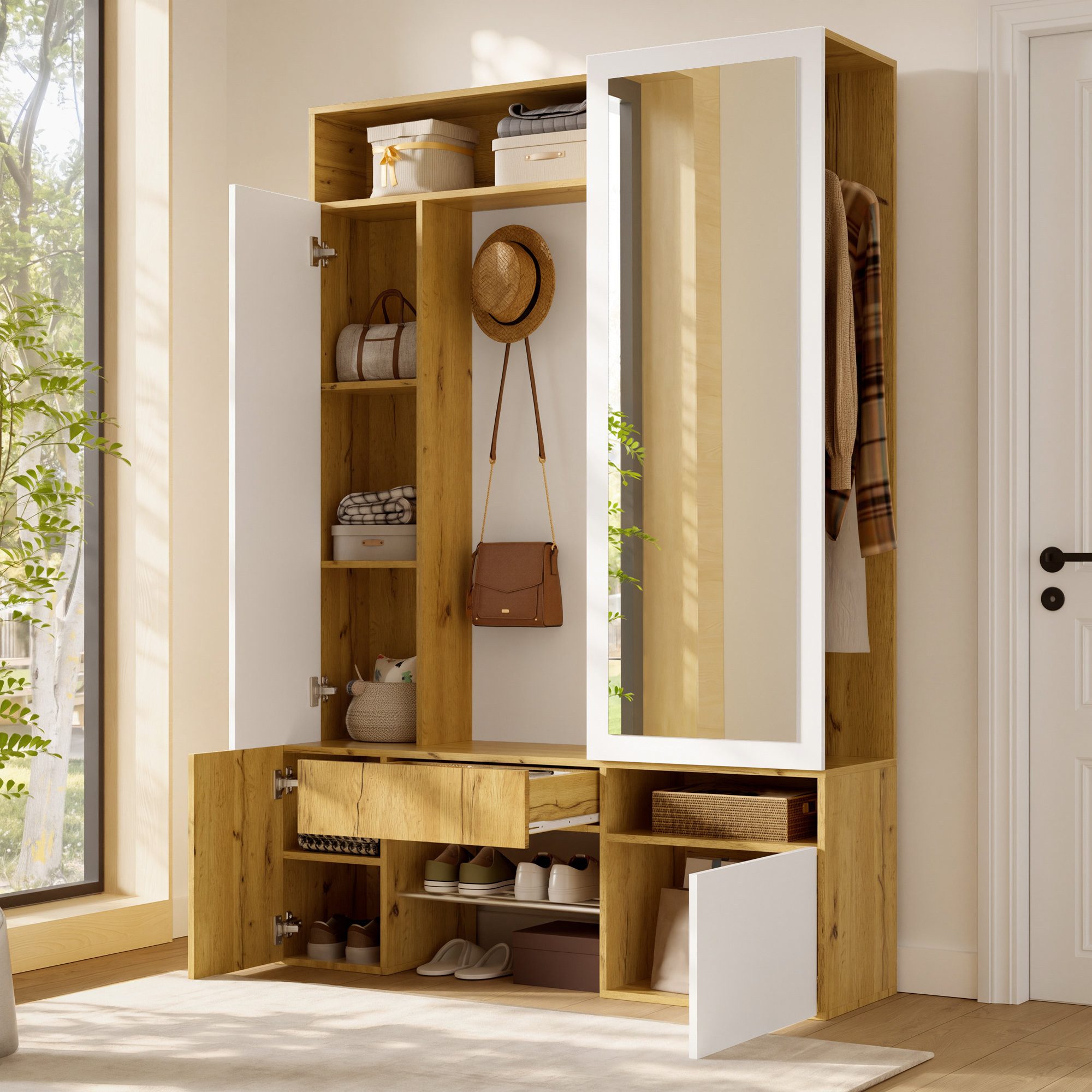 Odikalo Garderobenschrank Schrank Flurgarderobe mit Spiegel Schuhschrank Kleiderbereich Haken (Multifunktionale Eingangsgarderobe MDF Flurschrank Eingangsgarderobe Kleiderschrank mit Kleiderstange Garderobenmöbel)